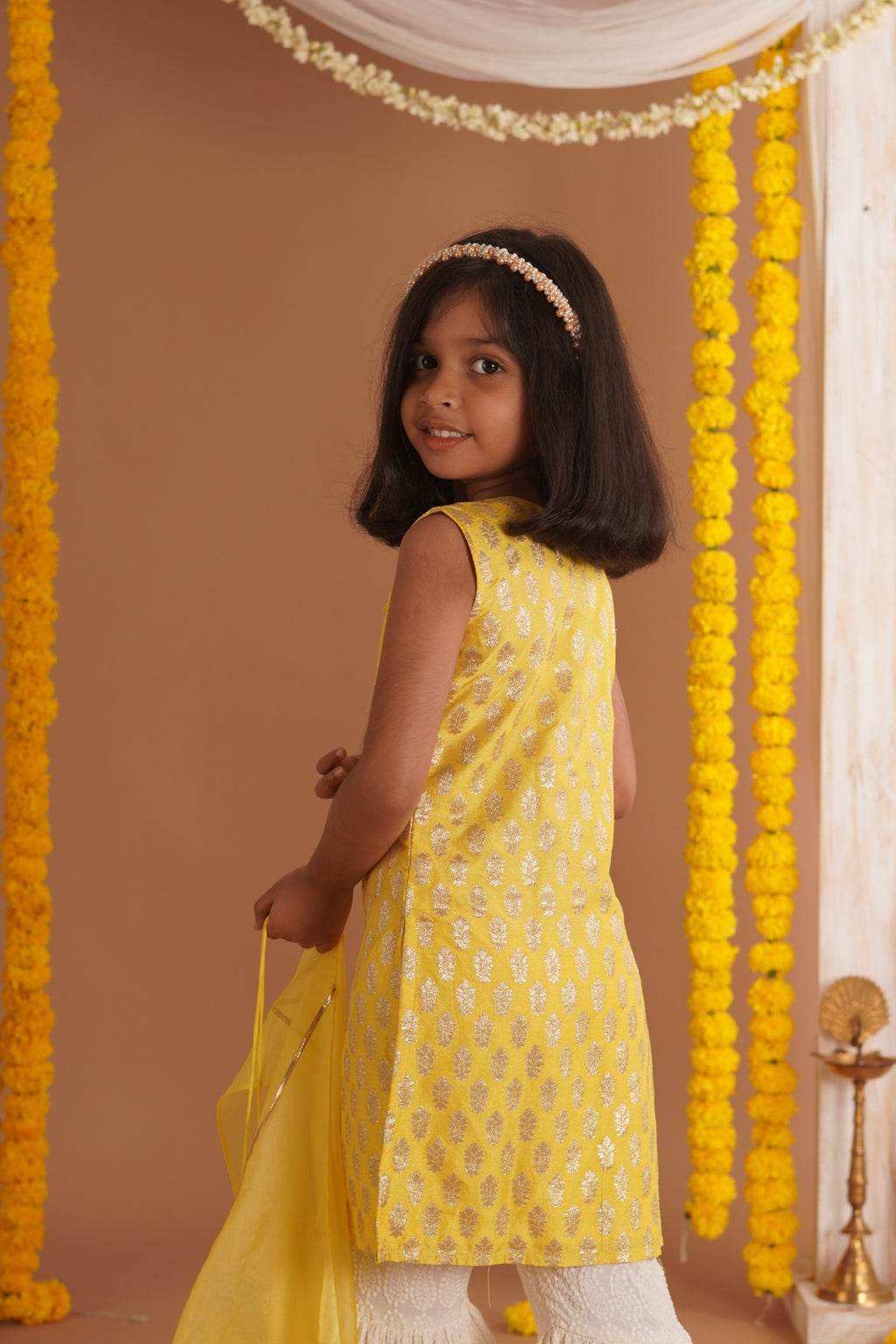 Kumudini Yellow - Kurta, Sharara and Dupatta set- Yellow and Ivory - Monk & Mei