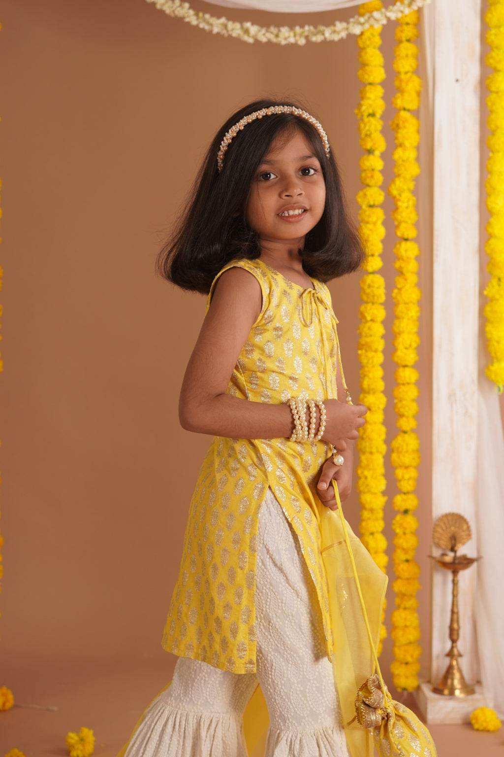 Kumudini Yellow - Kurta, Sharara and Dupatta set- Yellow and Ivory - Monk & Mei