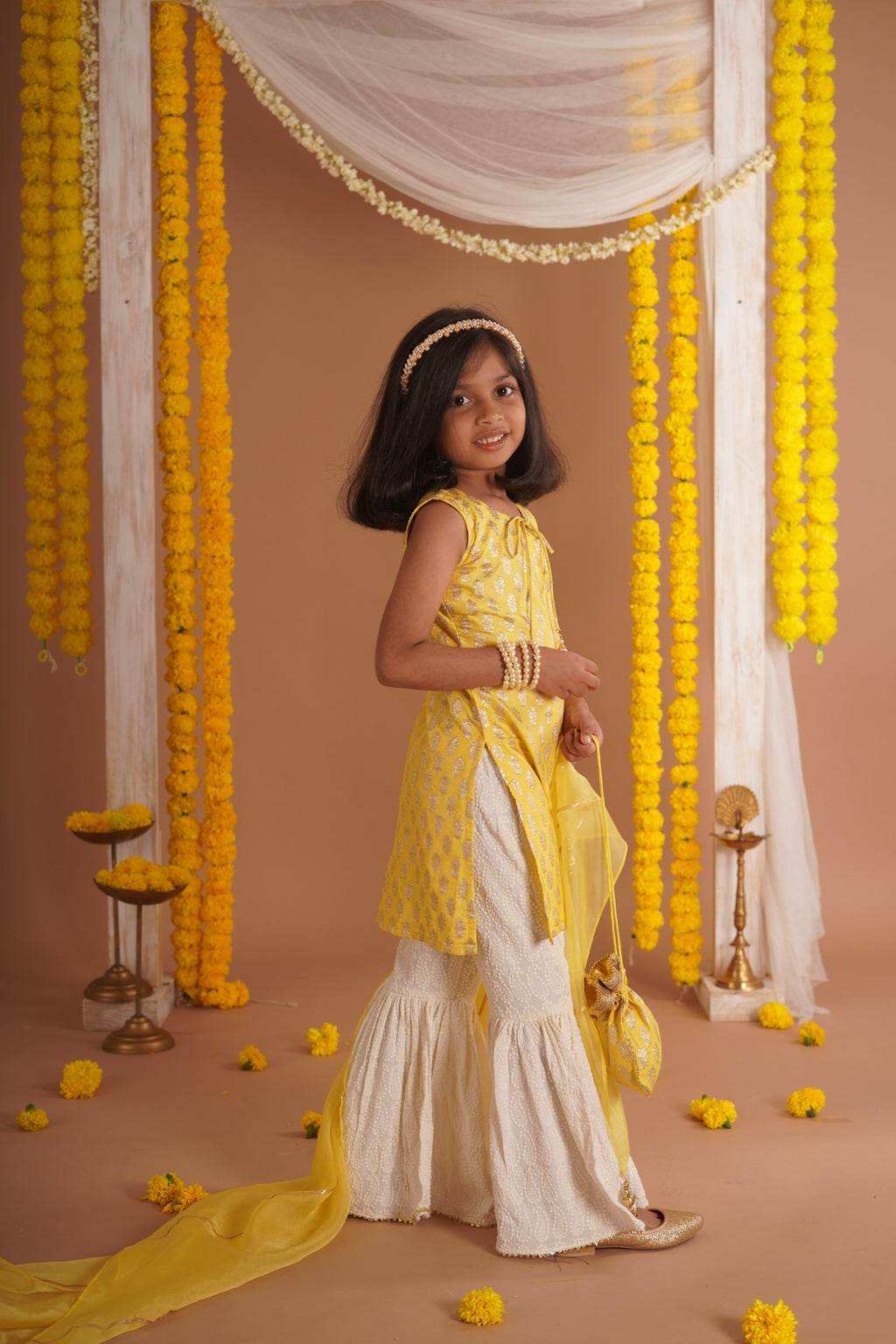 Kumudini Yellow - Kurta, Sharara and Dupatta set- Yellow and Ivory - Monk & Mei