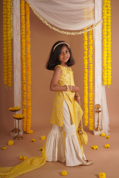 Kumudini Yellow - Kurta, Sharara and Dupatta set- Yellow and Ivory