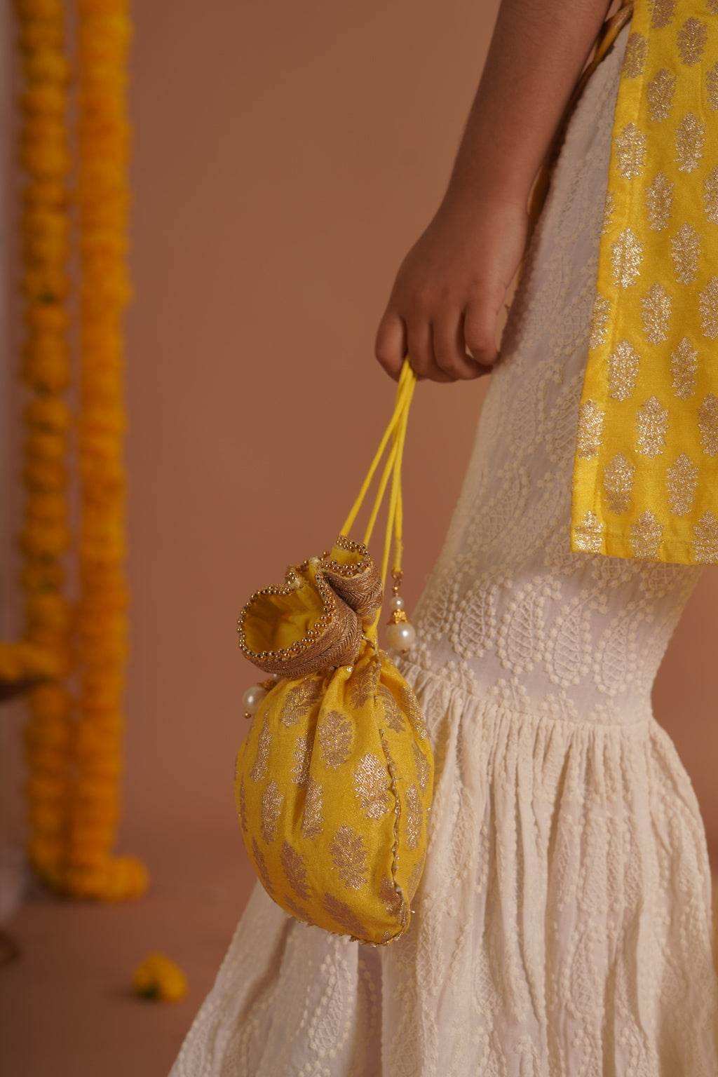 Kumudini Yellow - Kurta, Sharara and Dupatta set- Yellow and Ivory - Monk & Mei