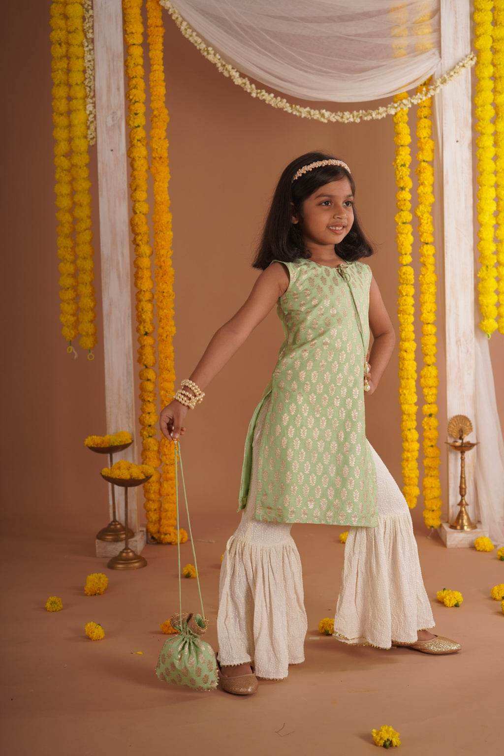Kumudini Green - Kurta, Sharara and Dupatta set- Pista Green and Ivory - Monk & Mei