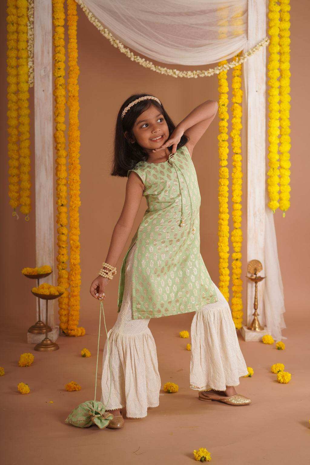 Kumudini Green - Kurta, Sharara and Dupatta set- Pista Green and Ivory - Monk & Mei