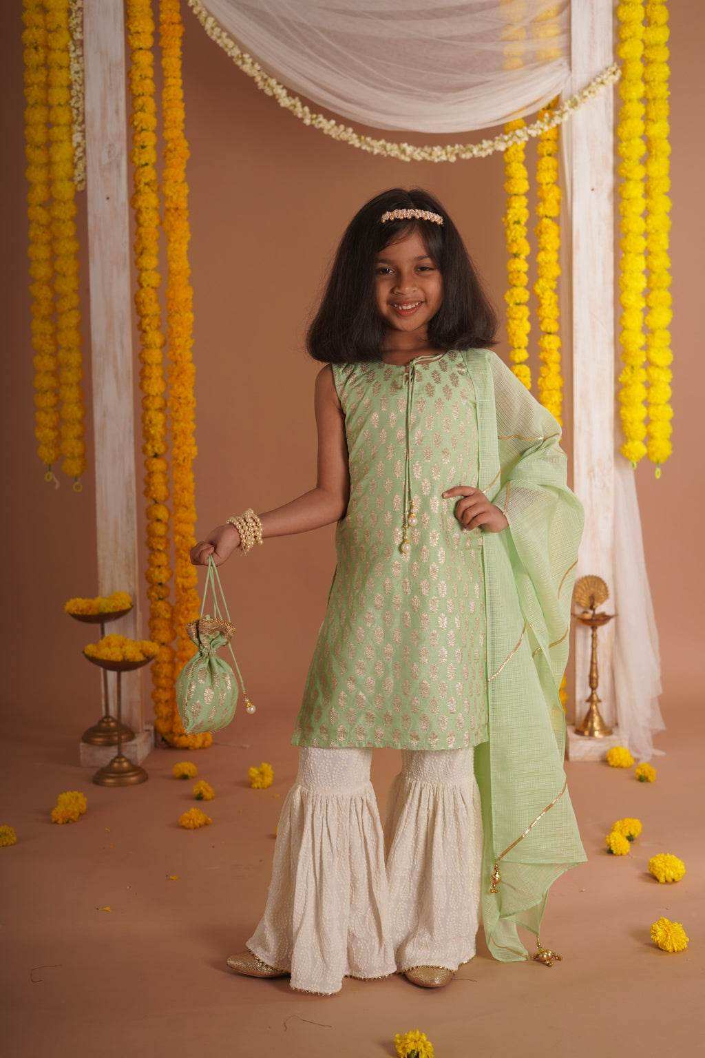 Kumudini Green - Kurta, Sharara and Dupatta set- Pista Green and Ivory - Monk & Mei