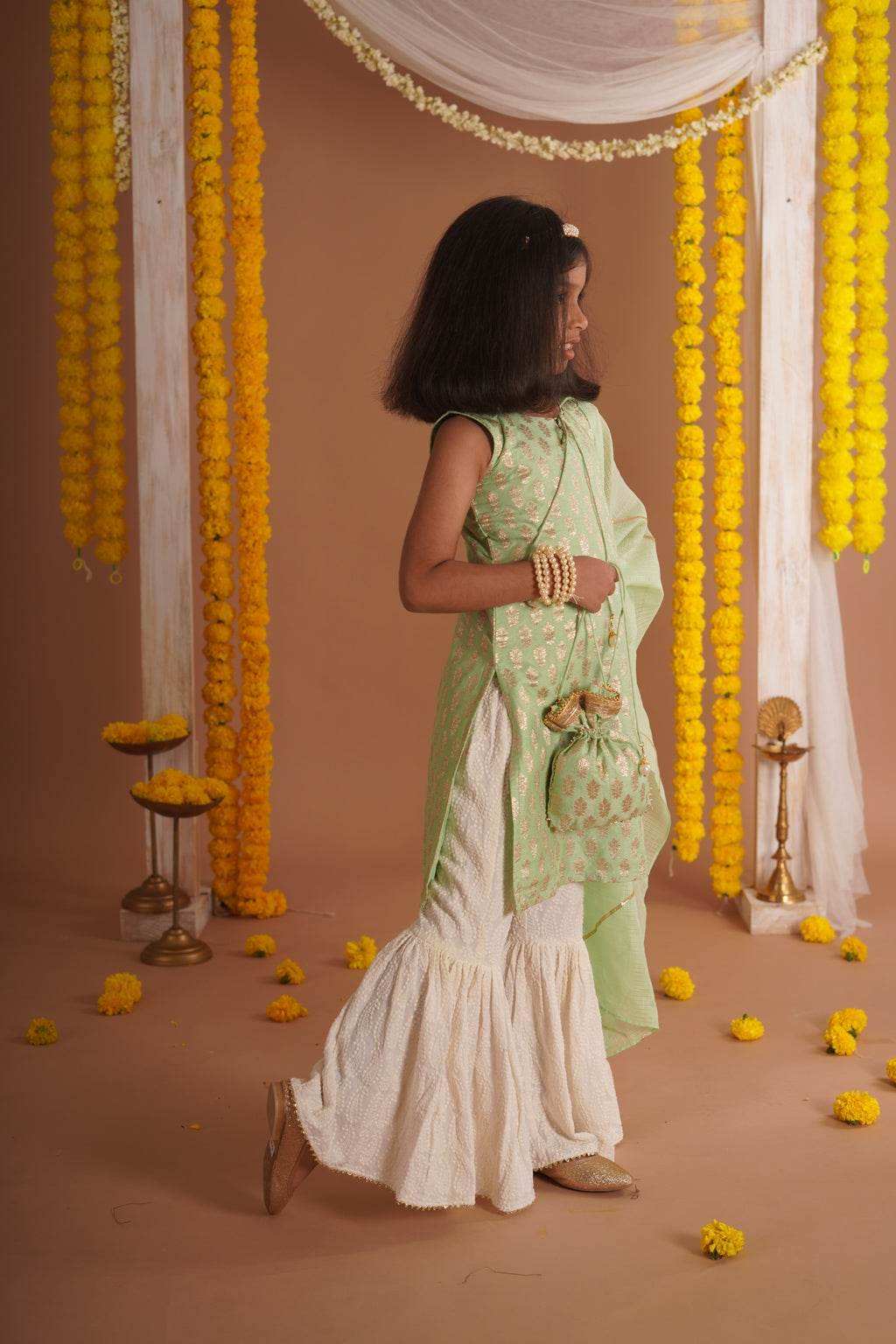 Kumudini Green - Kurta, Sharara and Dupatta set- Pista Green and Ivory - Monk & Mei