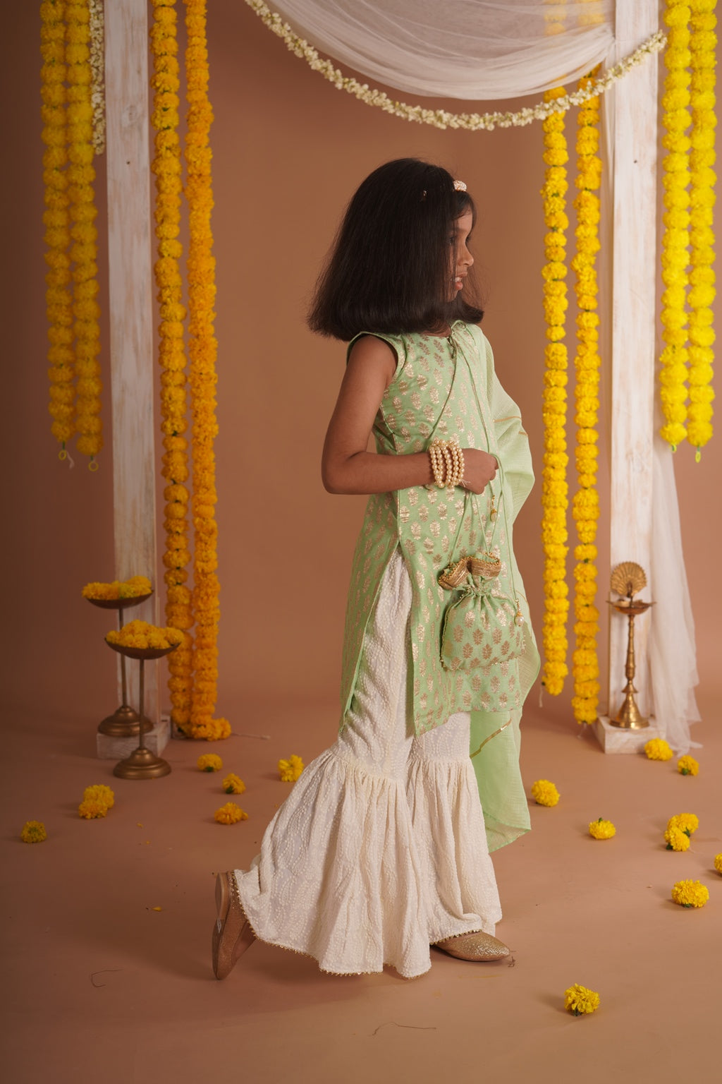 Kumudini Green - Kurta, Sharara and Dupatta set- Pista Green and Ivory