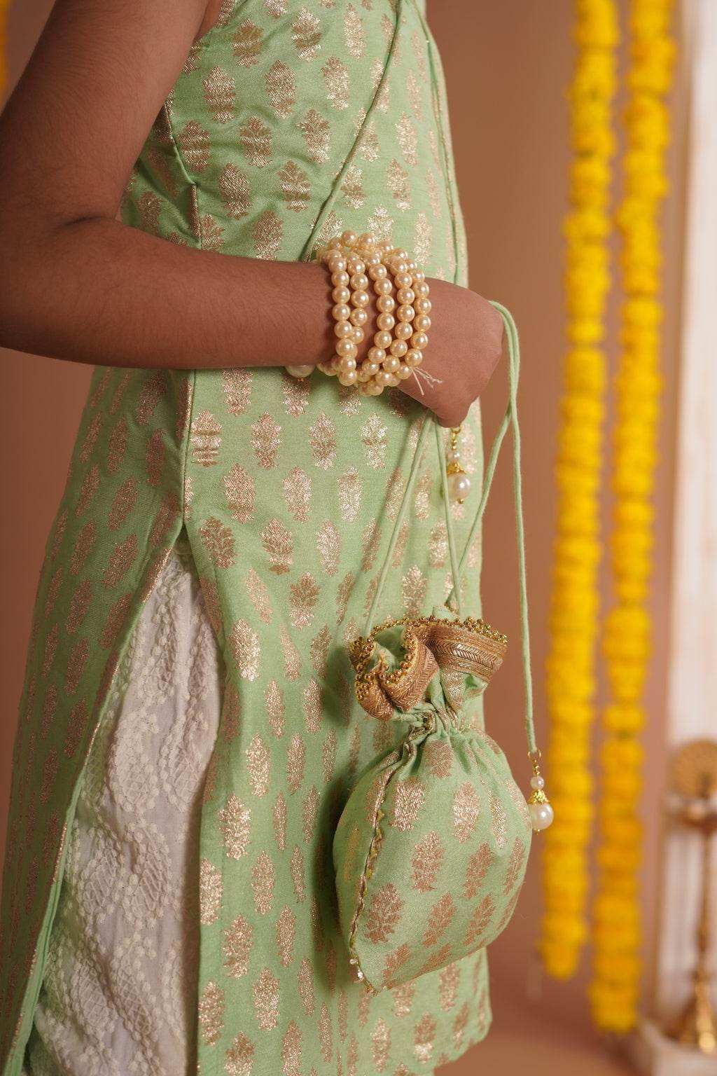 Kumudini Green - Kurta, Sharara and Dupatta set- Pista Green and Ivory - Monk & Mei