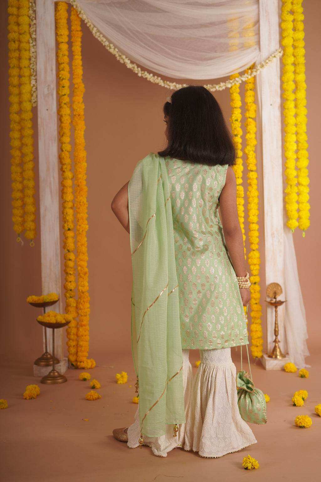 Kumudini Green - Kurta, Sharara and Dupatta set- Pista Green and Ivory - Monk & Mei