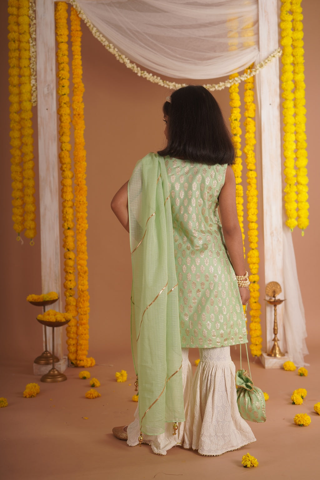 Kumudini Green - Kurta, Sharara and Dupatta set- Pista Green and Ivory