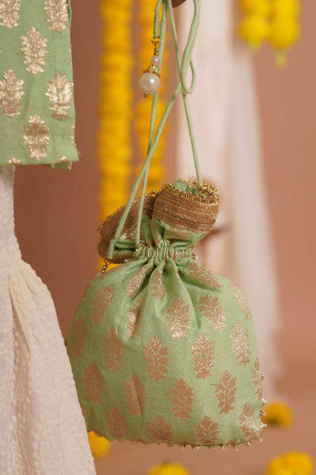 Kumudini Green - Kurta, Sharara and Dupatta set- Pista Green and Ivory - Monk & Mei