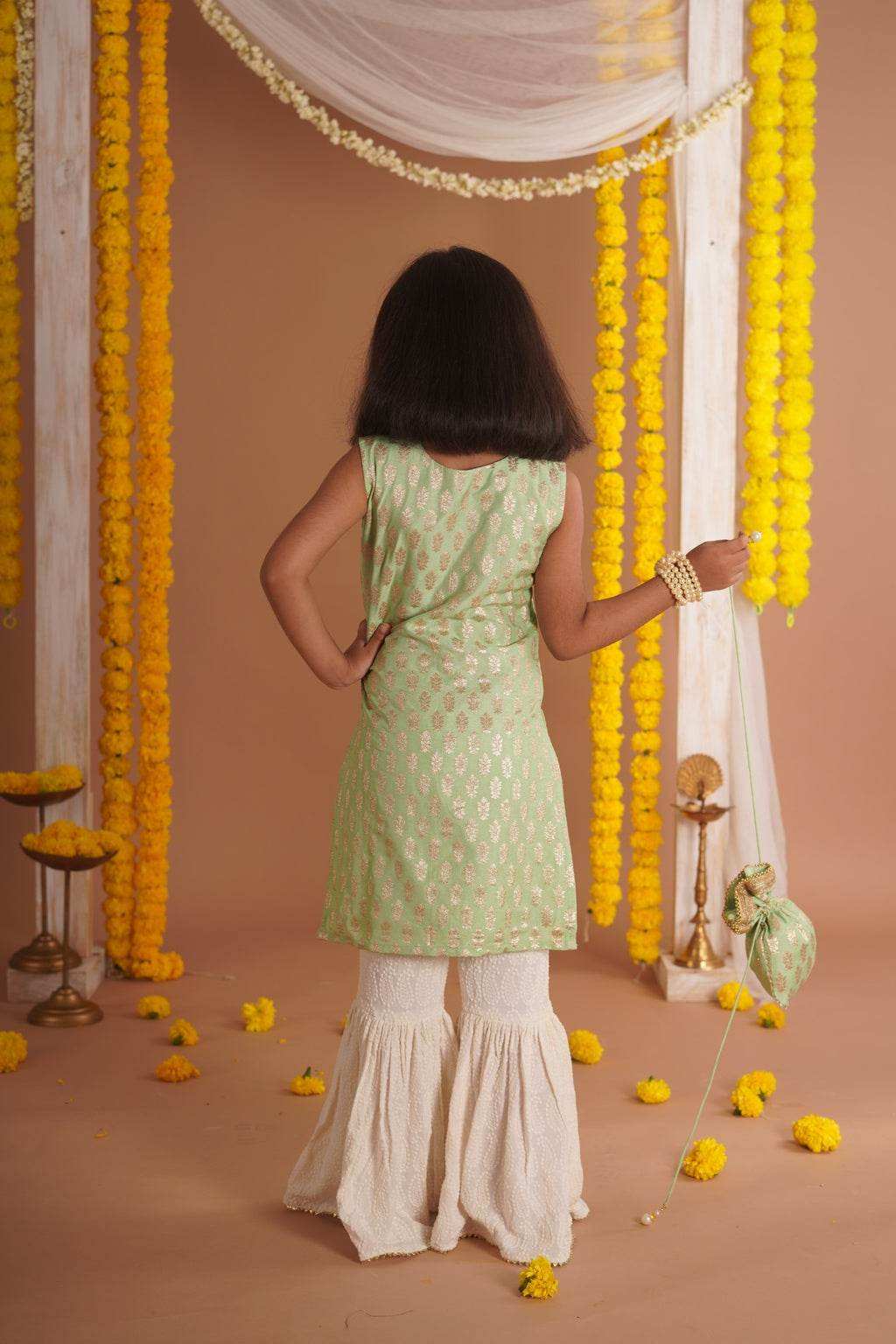 Kumudini Green - Kurta, Sharara and Dupatta set- Pista Green and Ivory - Monk & Mei