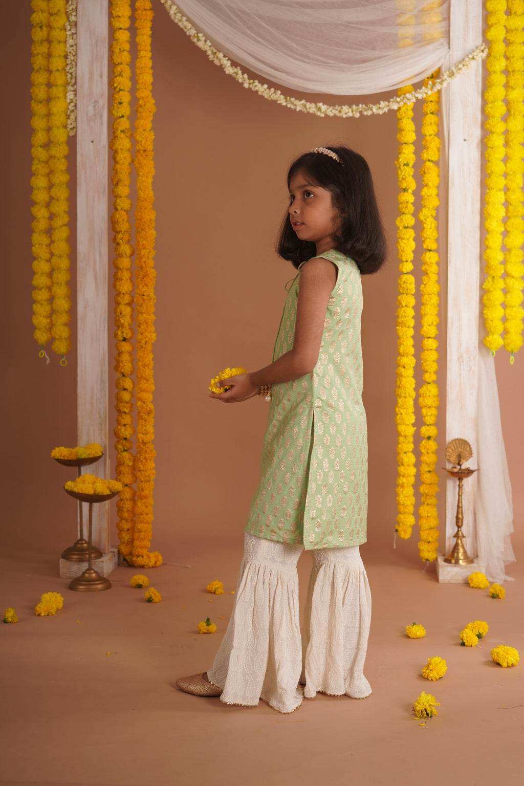 Kumudini Green - Kurta, Sharara and Dupatta set- Pista Green and Ivory - Monk & Mei