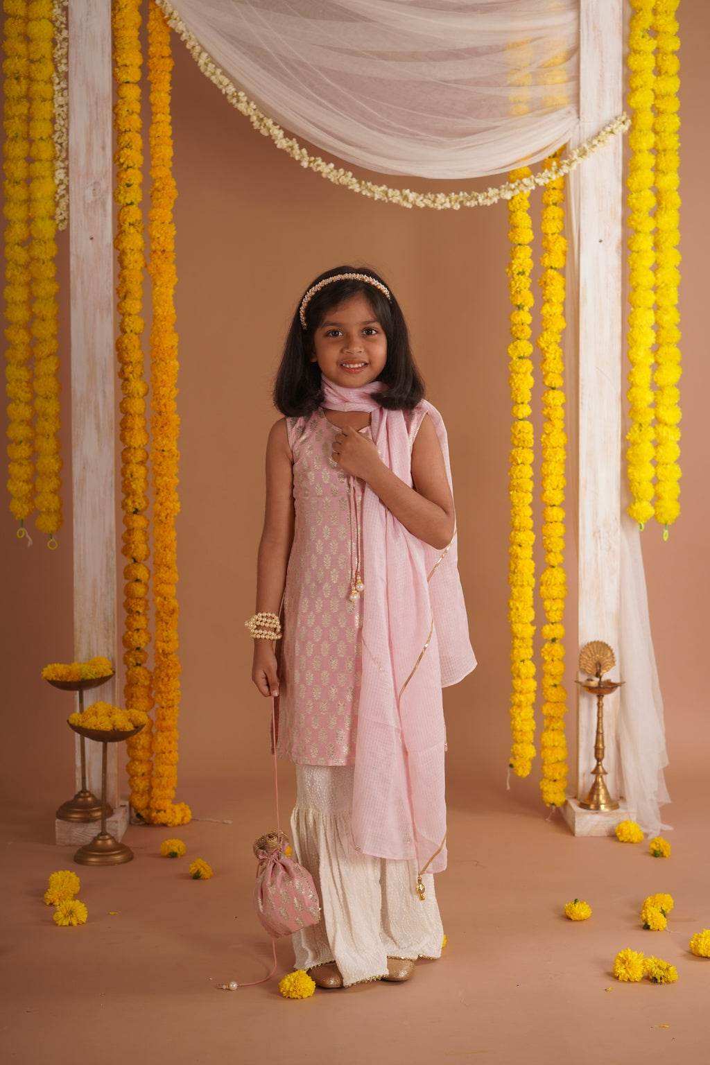 Kumudini Pink - Kurta, Sharara and Dupatta set- Pink and Ivory - Monk & Mei