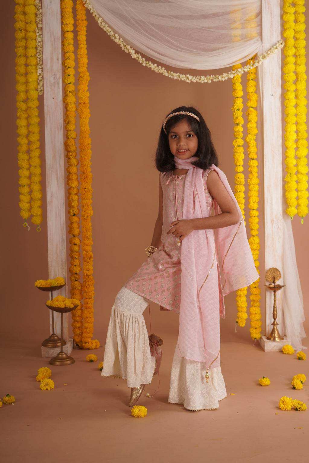 Kumudini Pink - Kurta, Sharara and Dupatta set- Pink and Ivory - Monk & Mei
