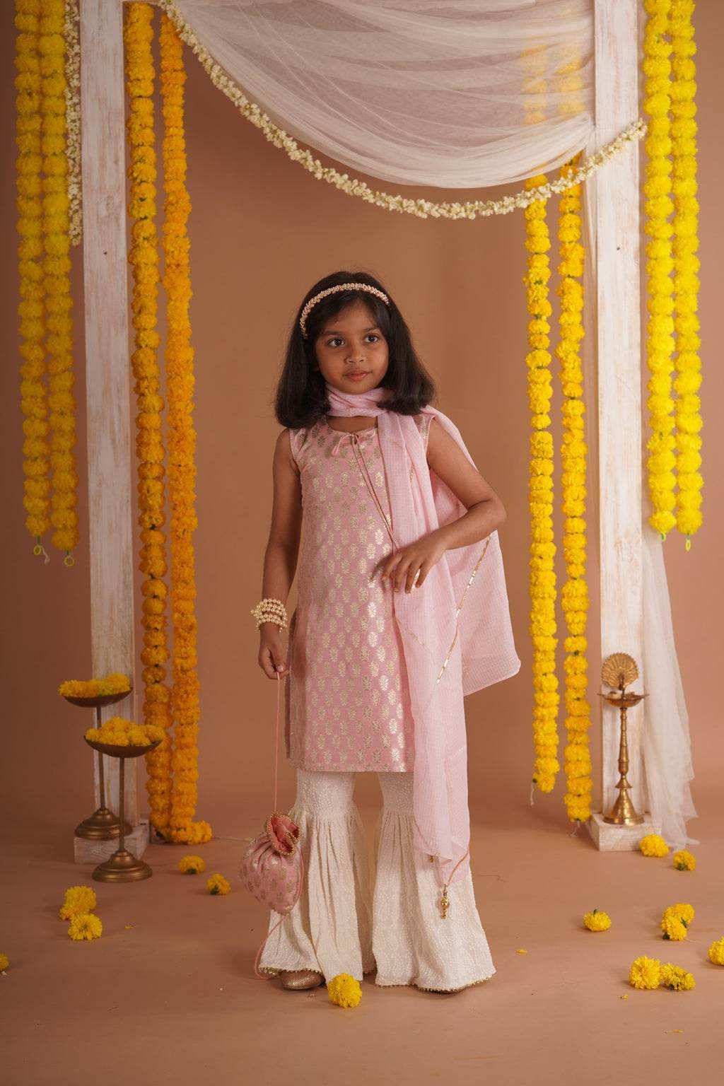 Kumudini Pink - Kurta, Sharara and Dupatta set- Pink and Ivory - Monk & Mei