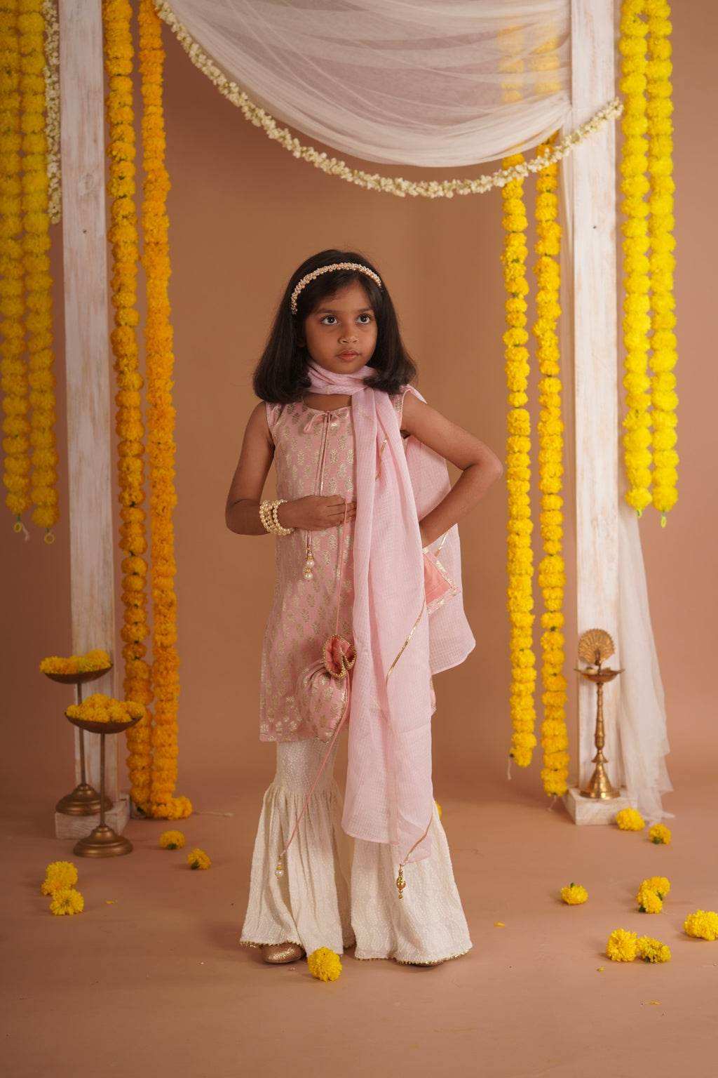 Kumudini Pink - Kurta, Sharara and Dupatta set- Pink and Ivory - Monk & Mei