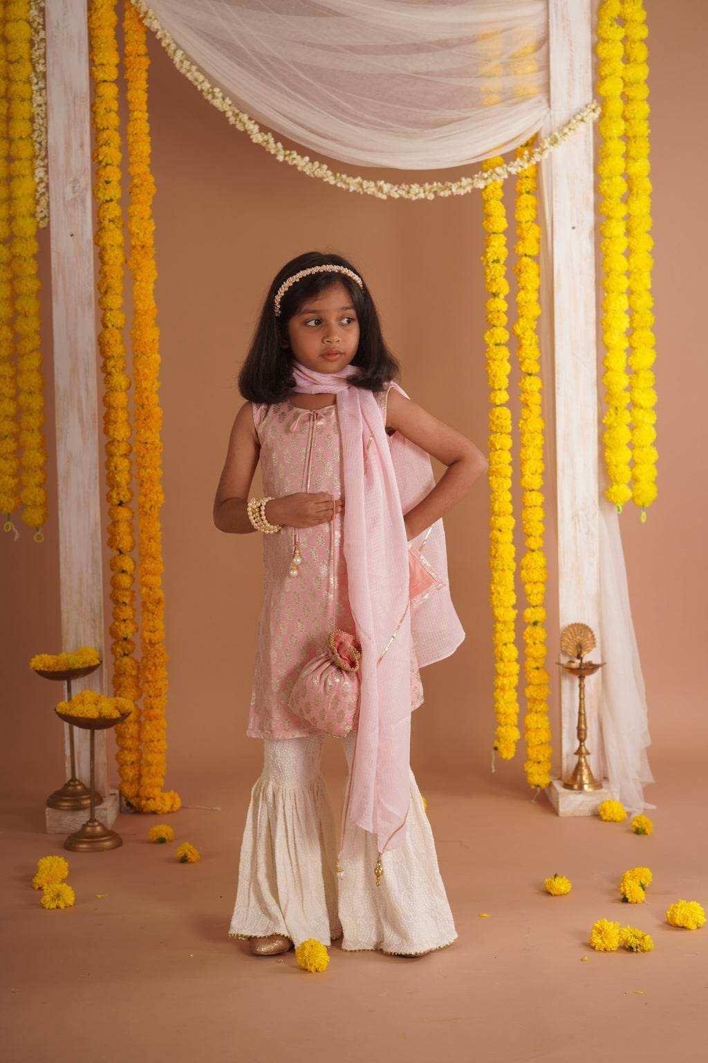 Kumudini Pink - Kurta, Sharara and Dupatta set- Pink and Ivory - Monk & Mei
