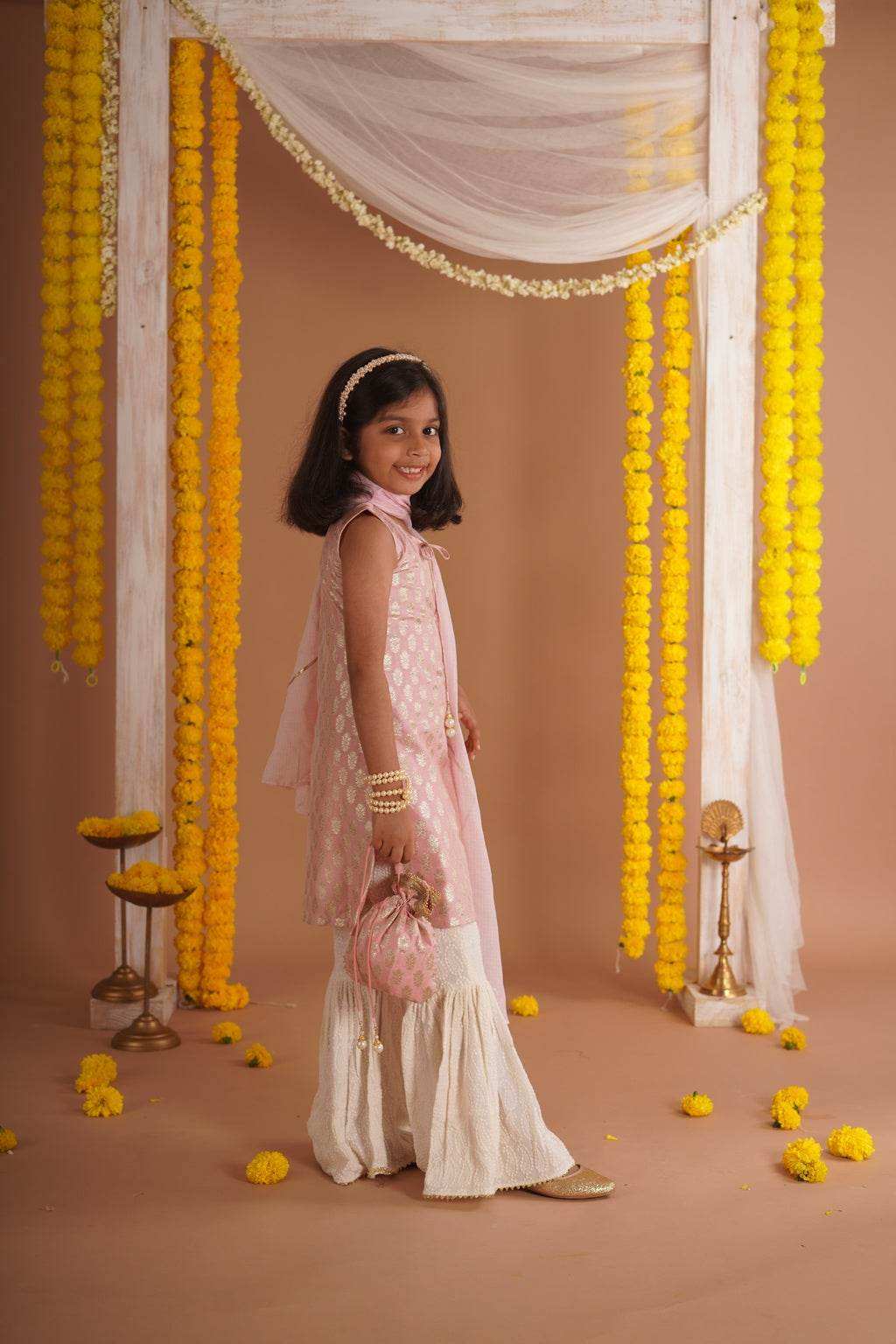 Kumudini Pink - Kurta, Sharara and Dupatta set- Pink and Ivory - Monk & Mei
