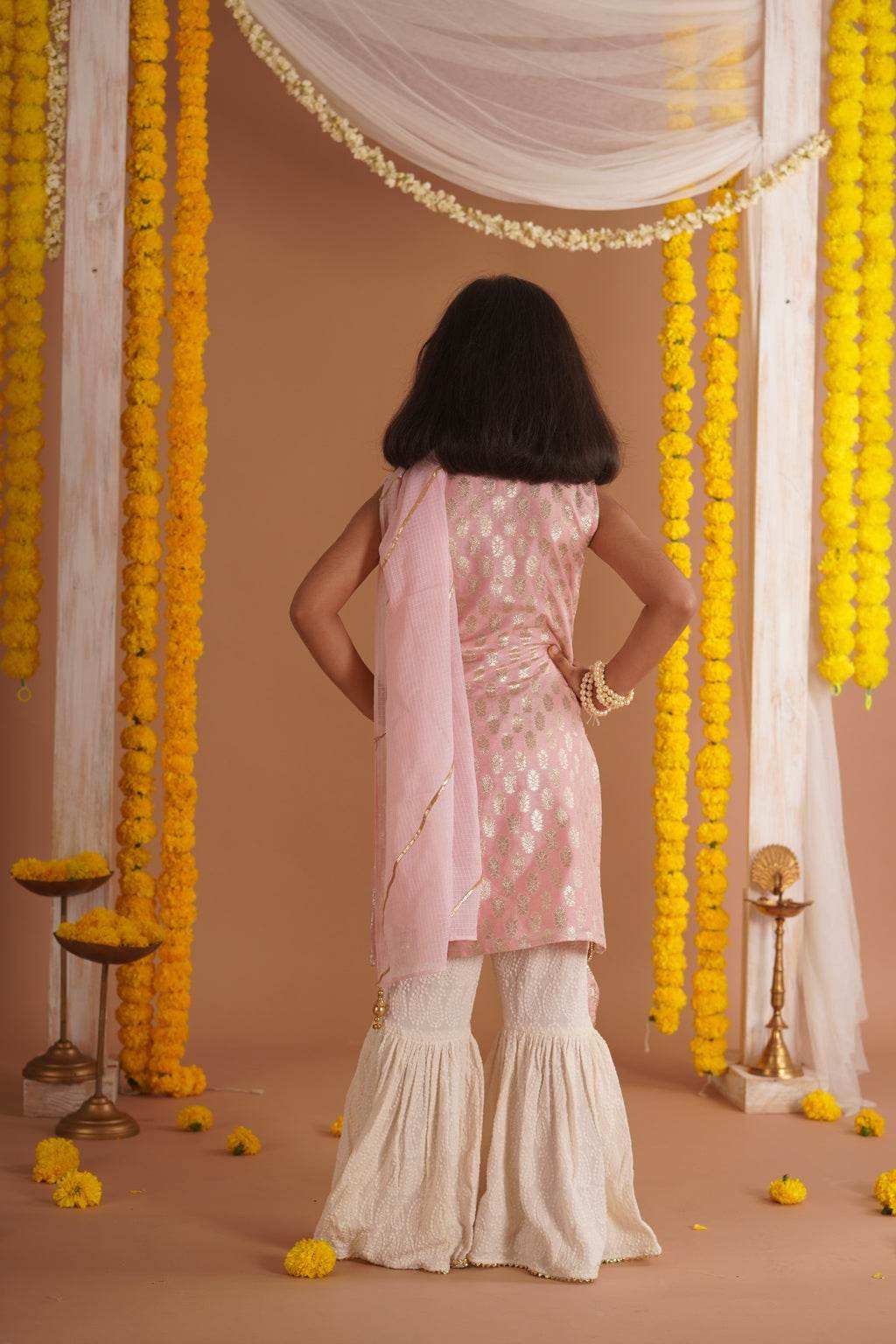 Kumudini Pink - Kurta, Sharara and Dupatta set- Pink and Ivory - Monk & Mei