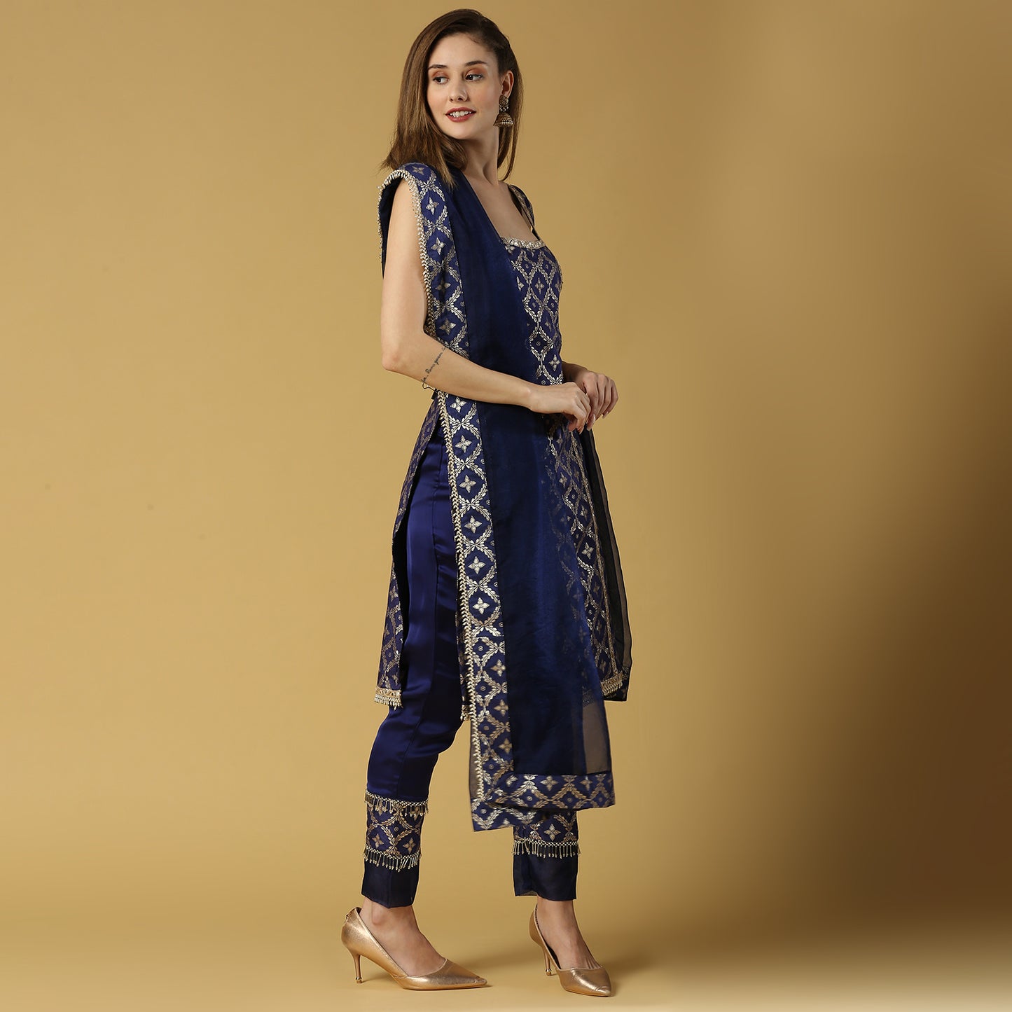 Kala-Sleeveless Kurta Set-Deep Blue