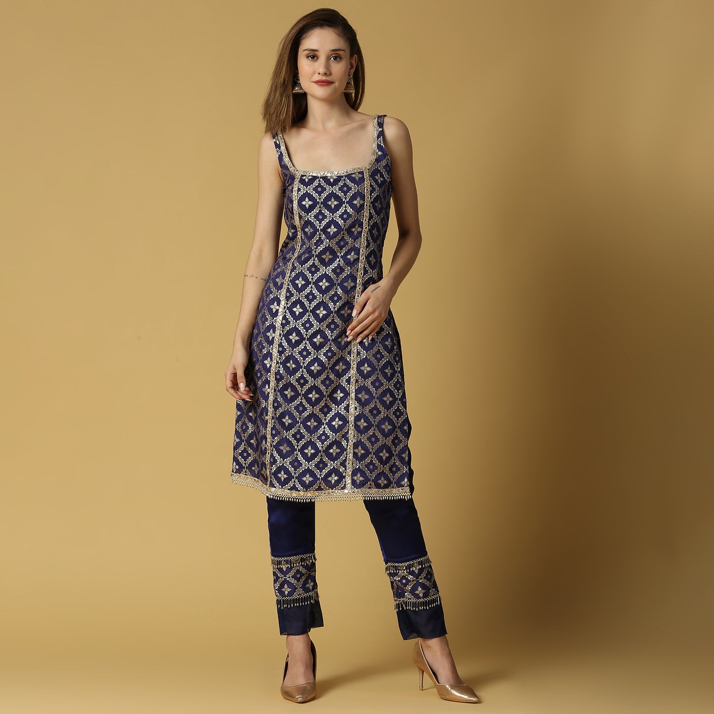 Kala-Sleeveless Kurta Set-Deep Blue