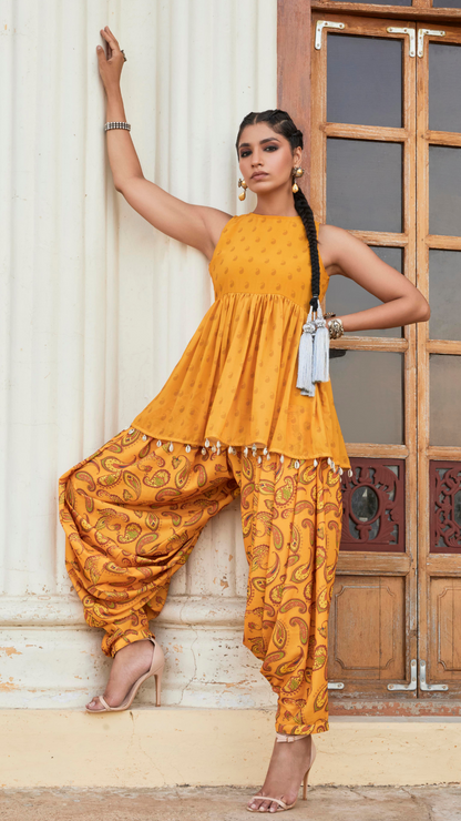 Paheli Top & Dhoti with Embroidered Belt - Turmeric Yellow