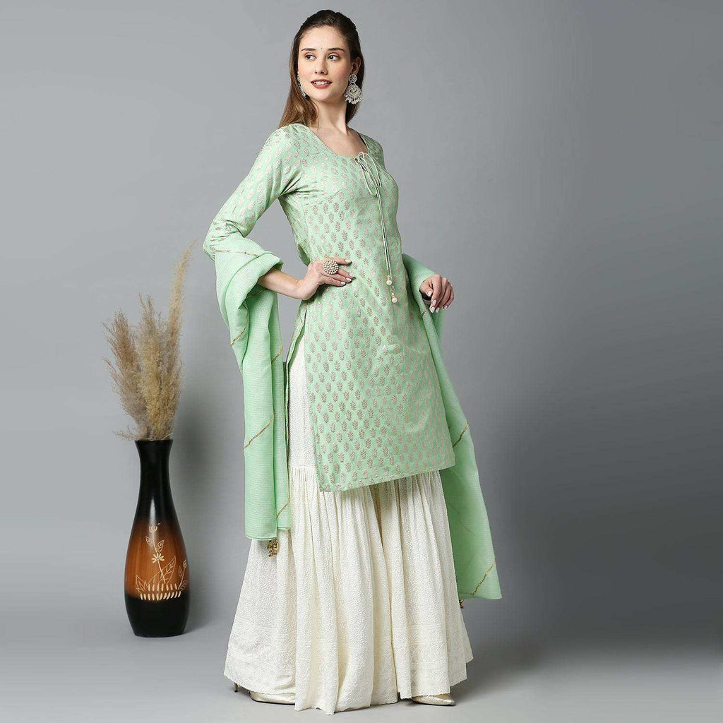 Kumudini- Kurta, Sharara & Dupatta - Pista Green - Monk & Mei