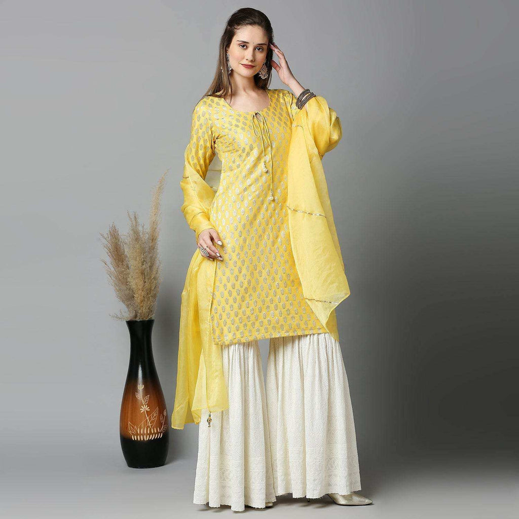 Kumudini- Kurta, Sharara & Dupatta - Yellow - Monk & Mei