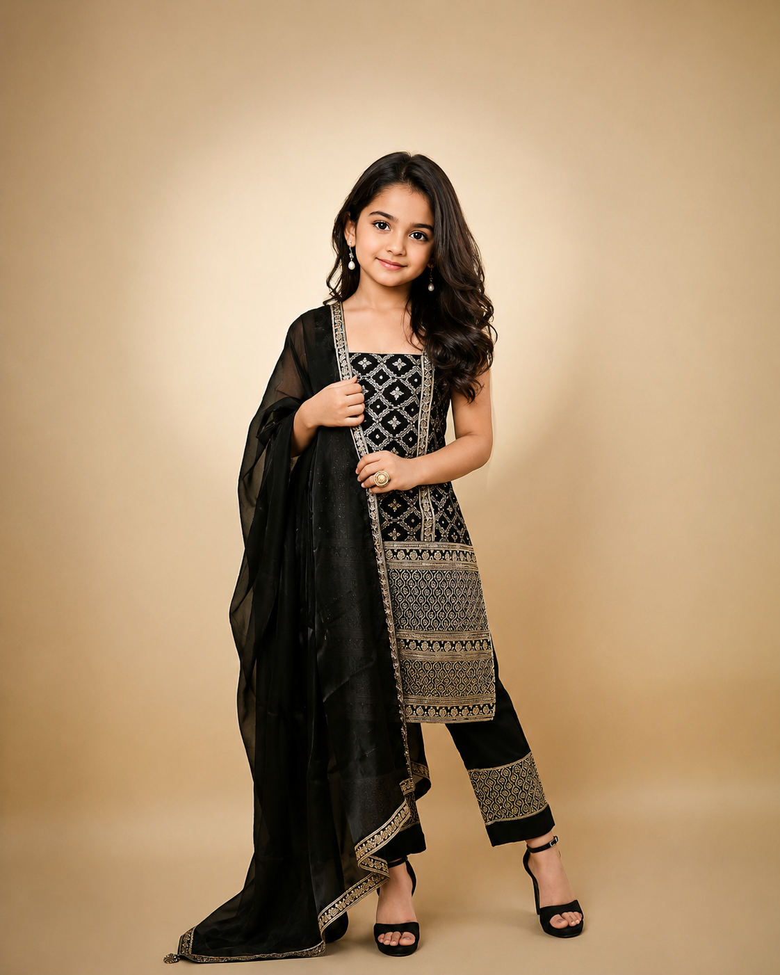 Sara Brocade Kurta, Sharara & Dupatta - Black