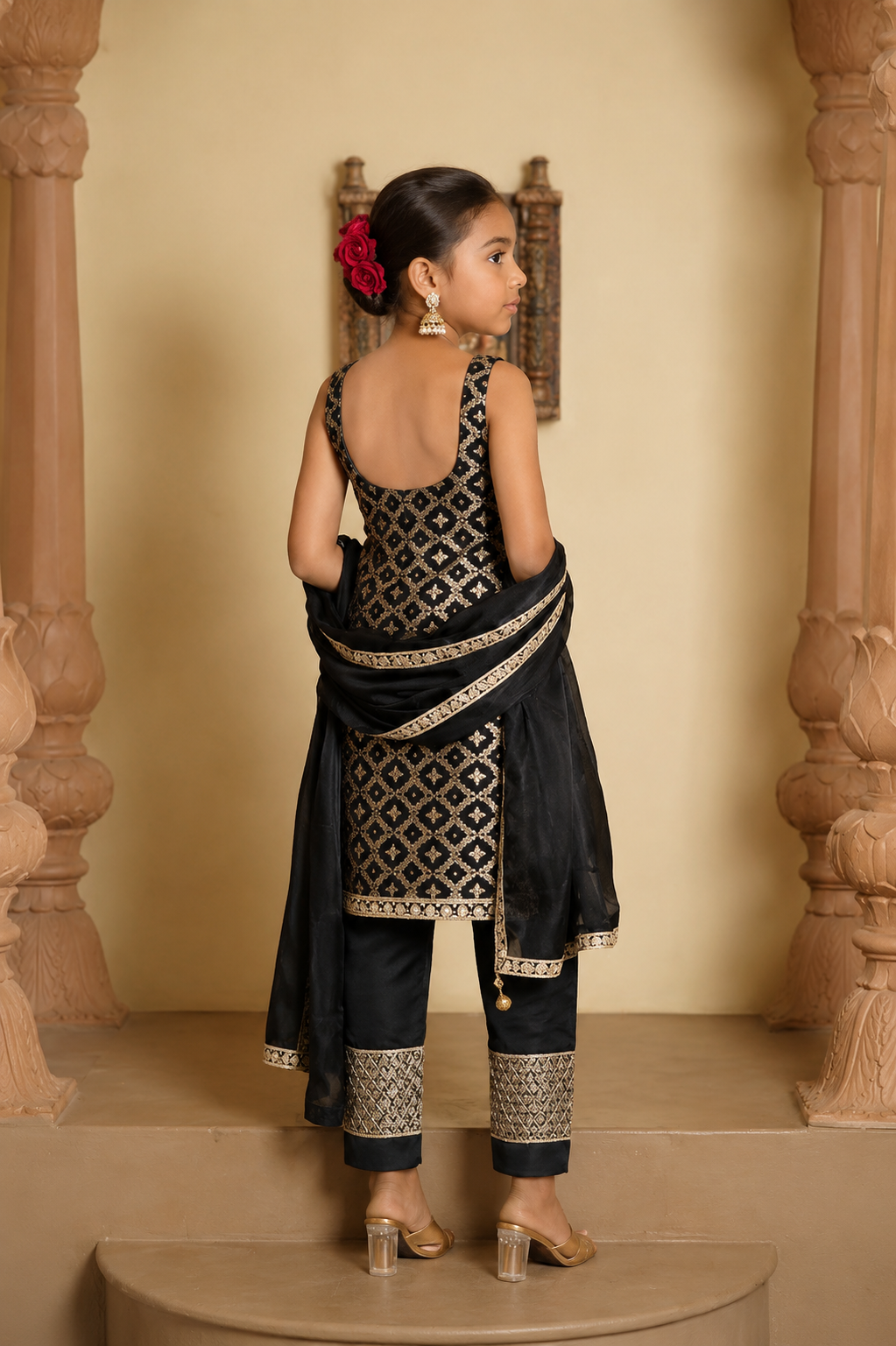 Sara Brocade Kurta, Sharara & Dupatta - Black