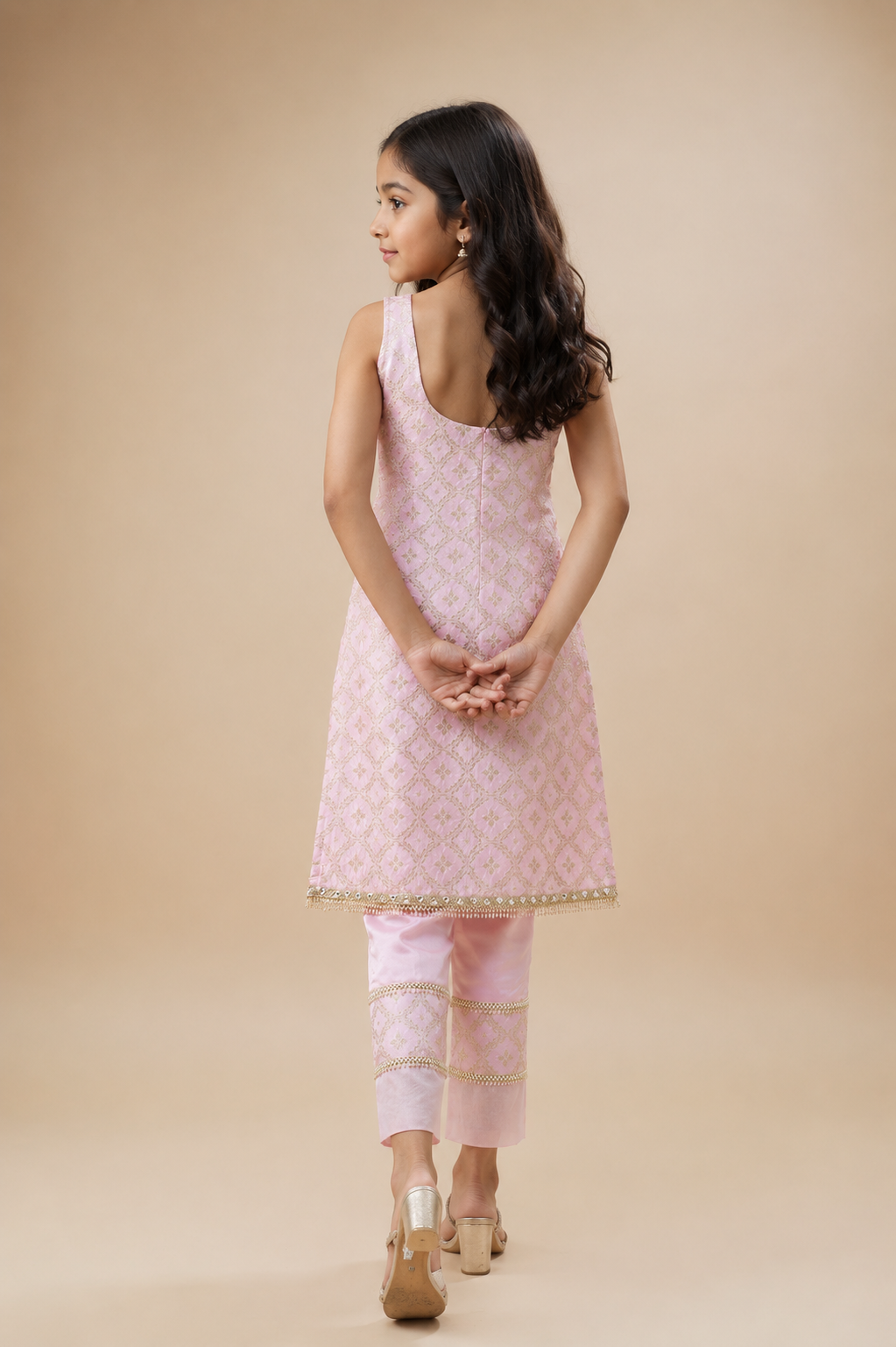 KALA Sleeveless Brocade Kurta Set-Blush Pink