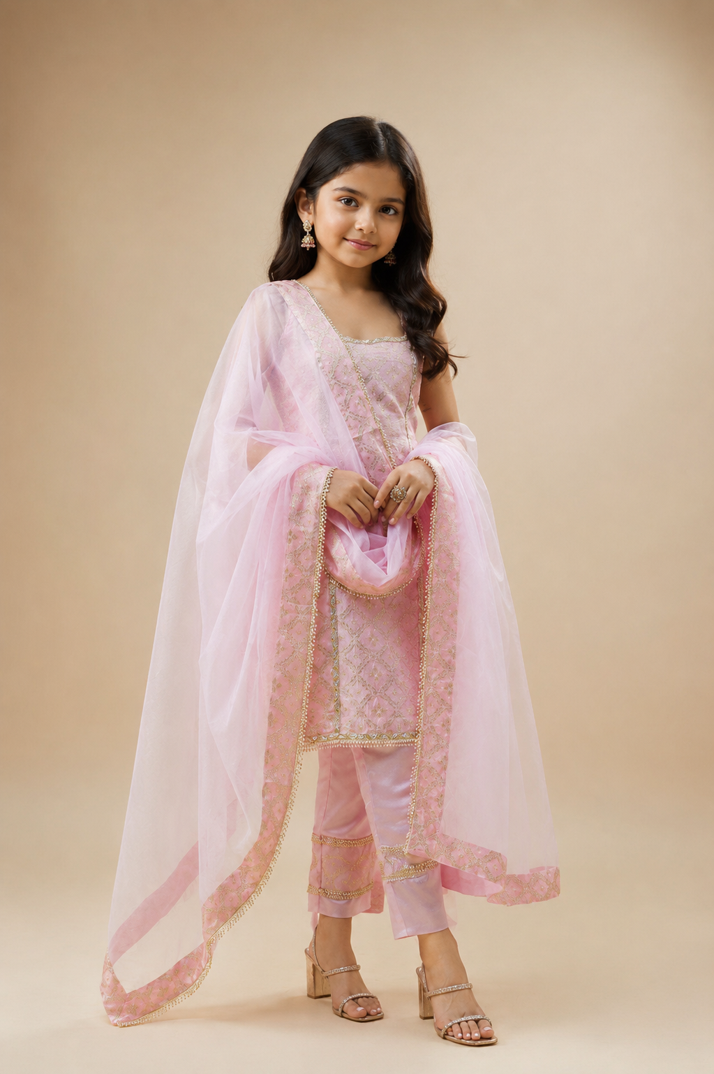 KALA Sleeveless Brocade Kurta Set-Blush Pink