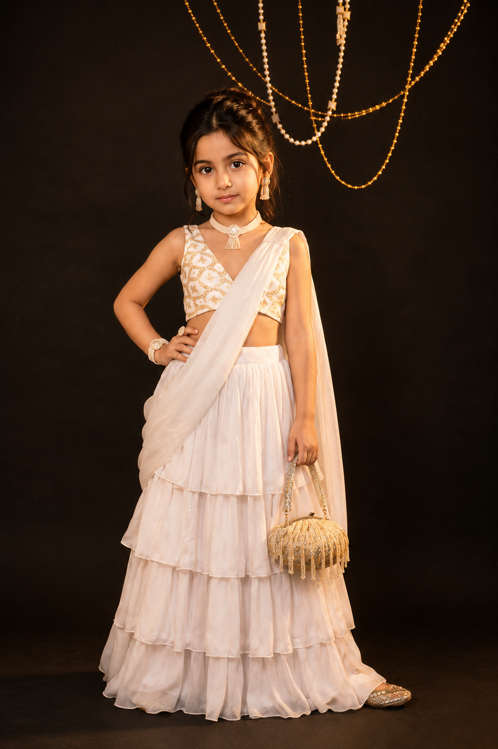 Mira Ruffle Saree Set  -White