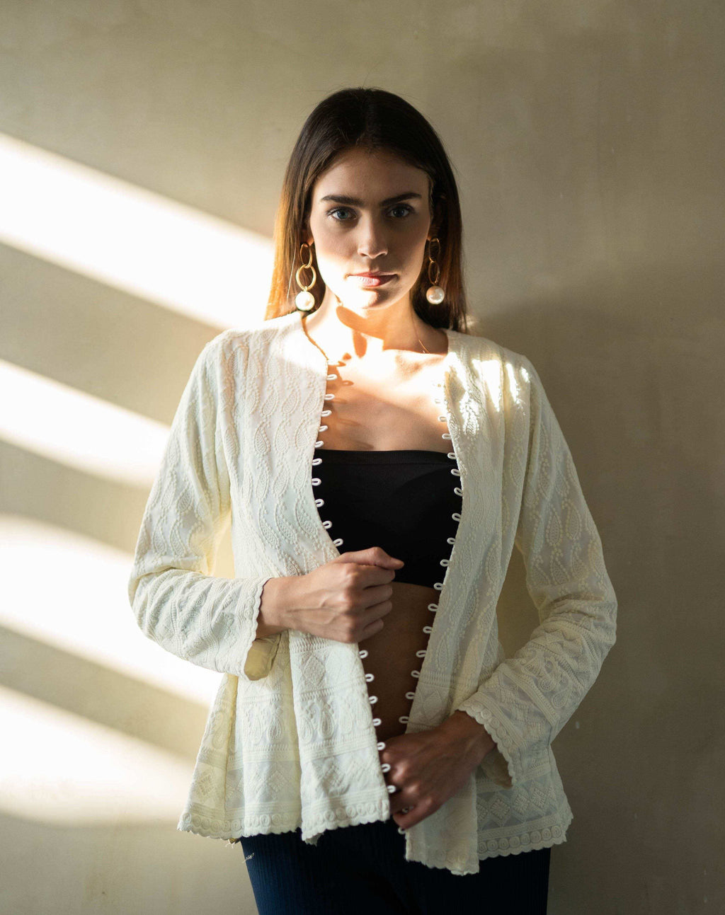 UFF CHIKANKARI JACKET - Cream - Monk & Mei