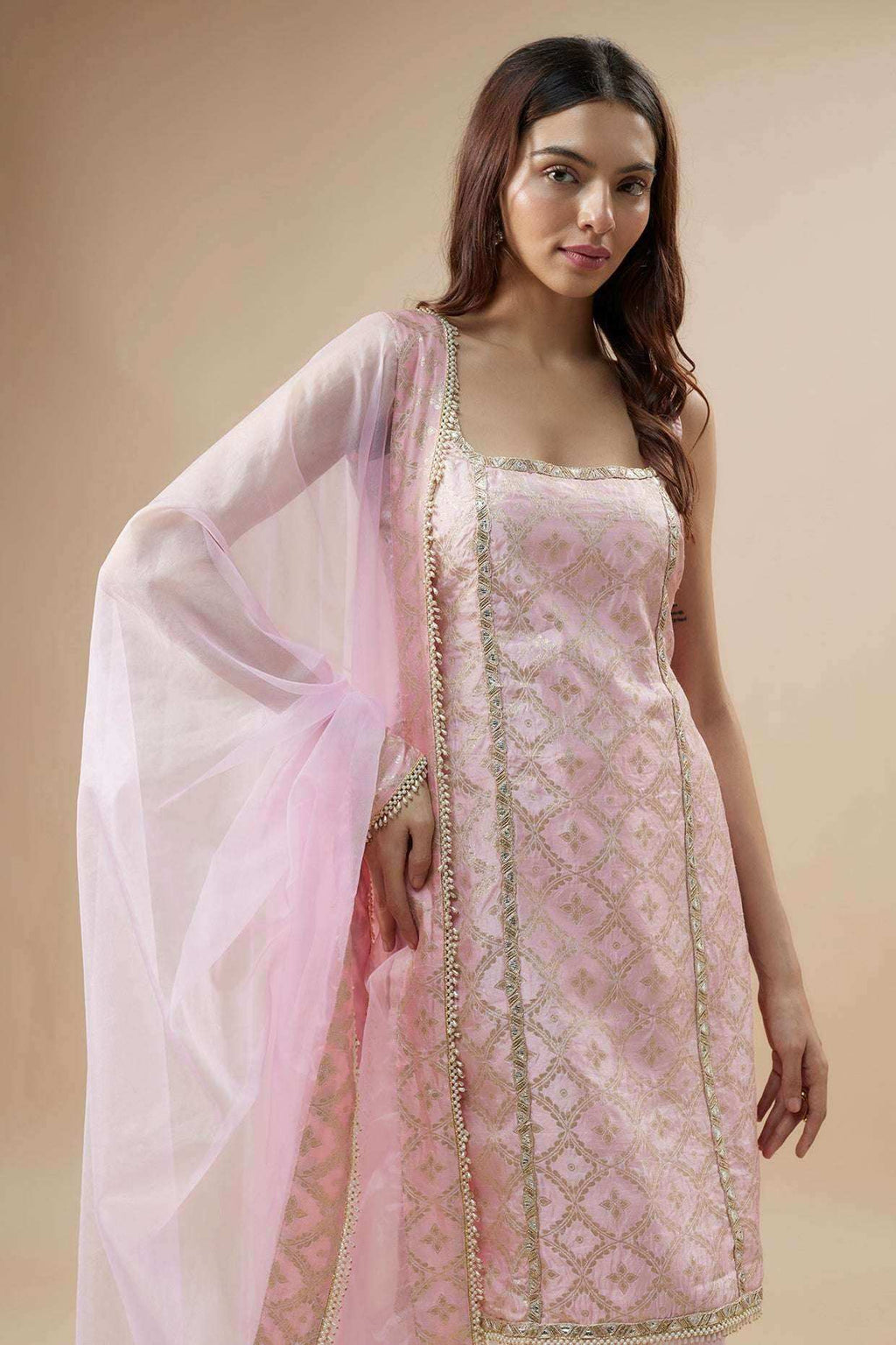 KALA Sleeveless Brocade Kurta Set-Blush Pink - Monk & Mei