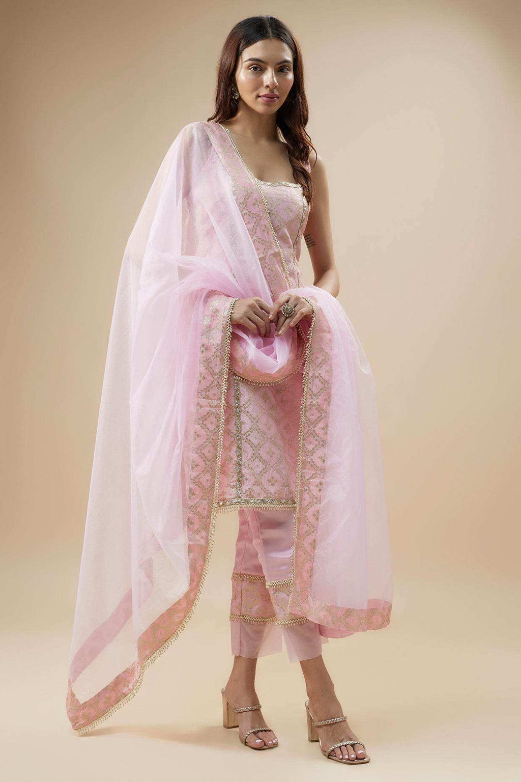 KALA Sleeveless Brocade Kurta Set-Blush Pink - Monk & Mei