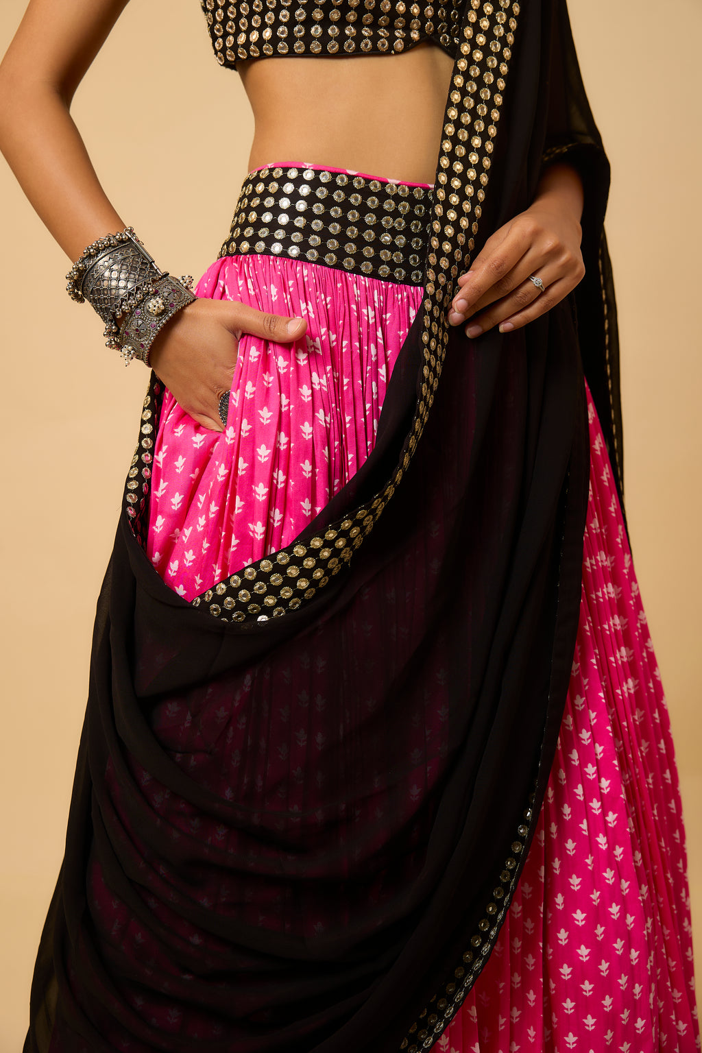 Urvashi -  Lahenga, Strappy Blouse, Belt & Dupatta - Pink/ Black/Orange