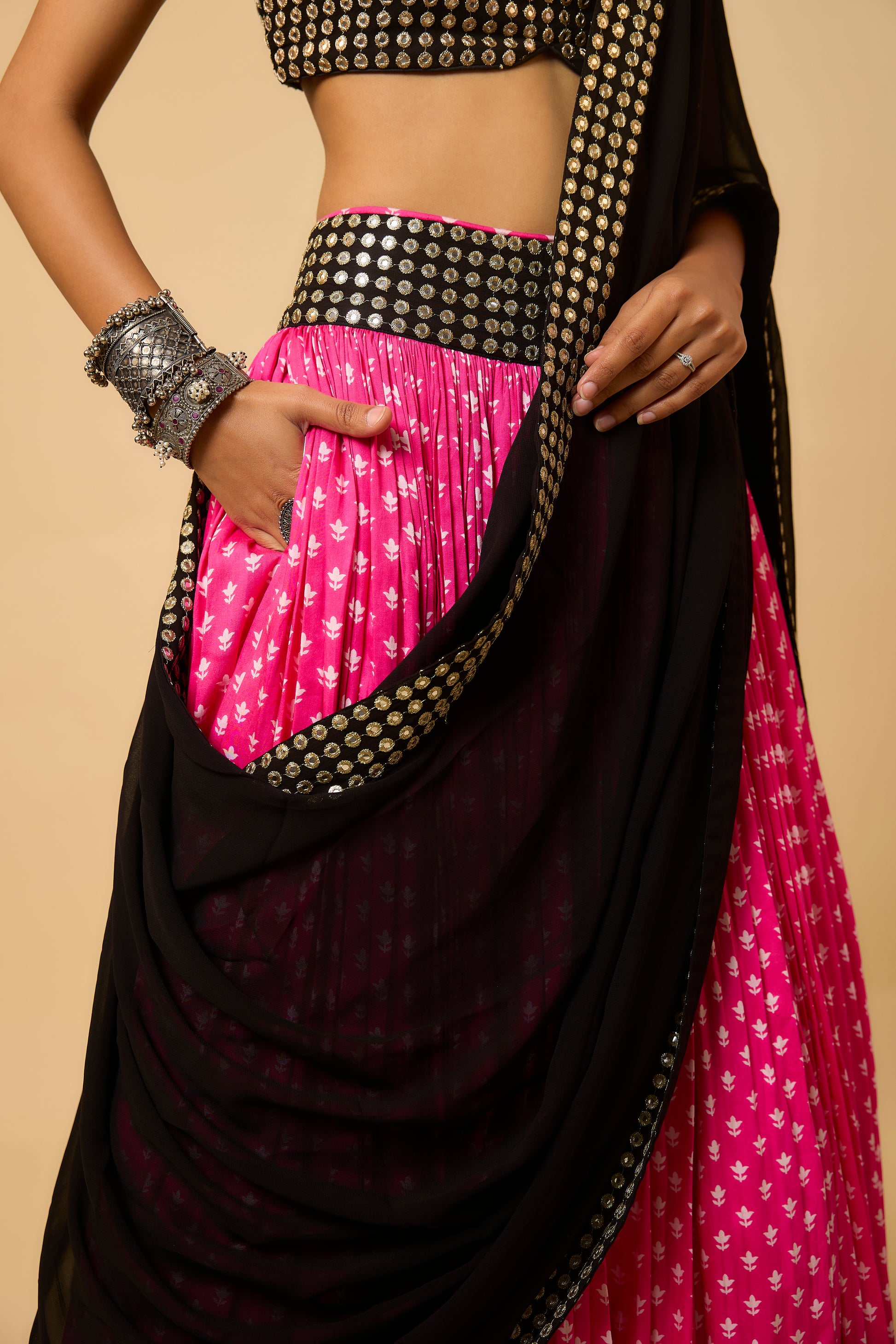 Urvashi -  Lahenga, Strappy Blouse, Belt & Dupatta - Pink/ Black/Orange