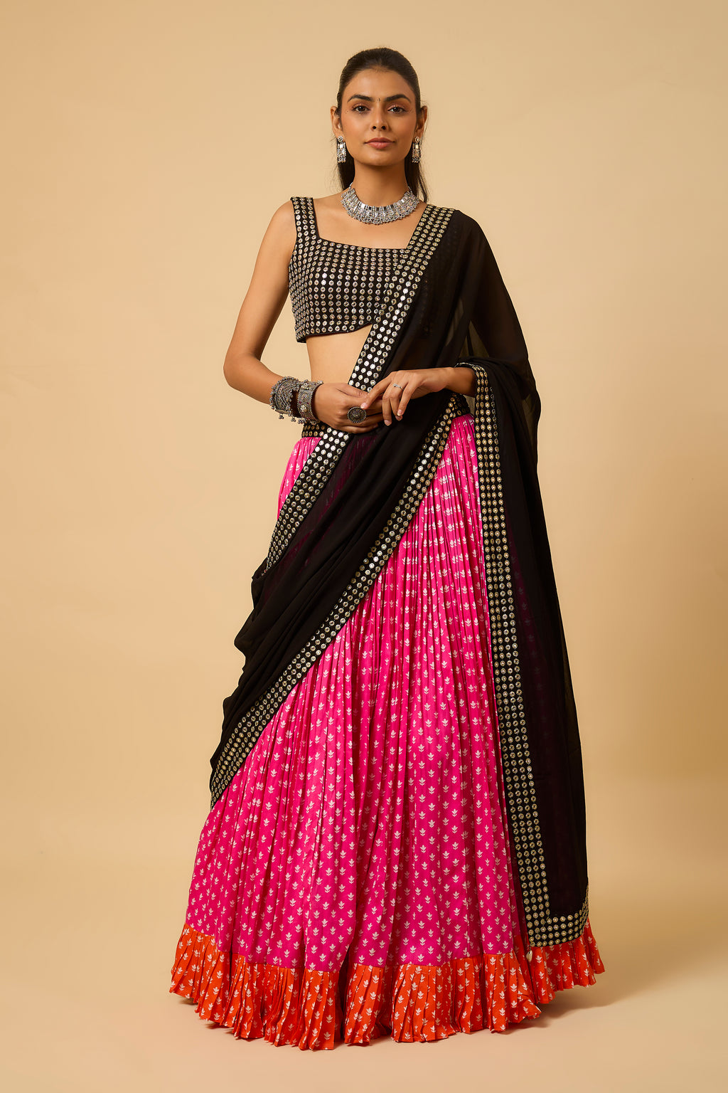 Urvashi -  Lahenga, Strappy Blouse, Belt & Dupatta - Pink/ Black/Orange