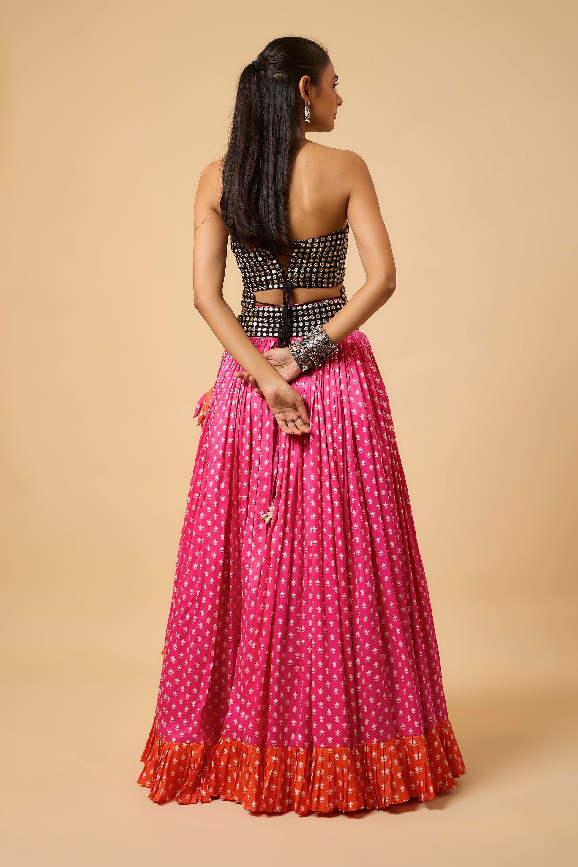Rangeela -  Lahenga, Corset Blouse, Belt & Dupatta - Pink/ Black/Orange