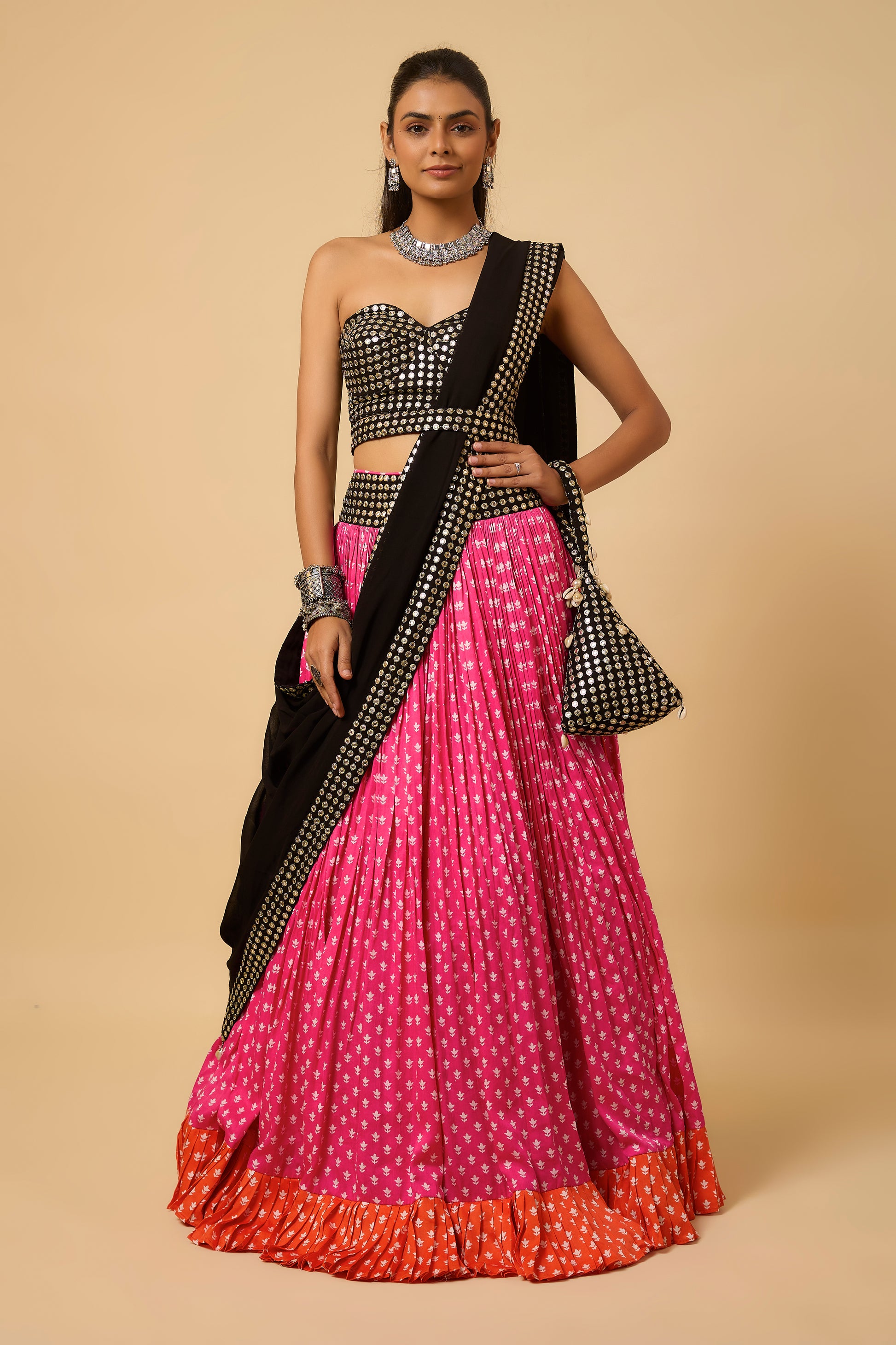 Rangeela -  Lahenga, Corset Blouse, Belt & Dupatta - Pink/ Black/Orange