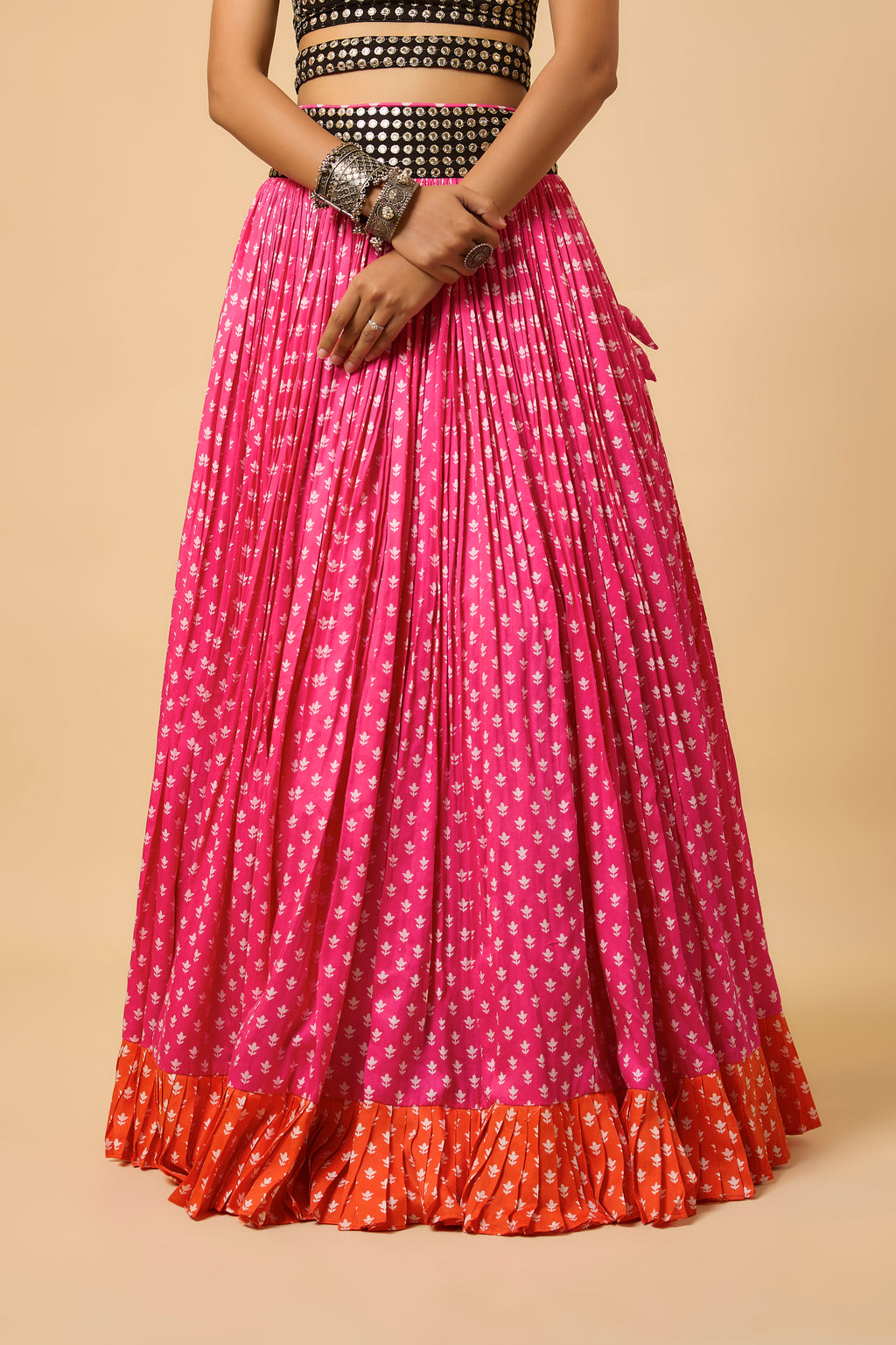 Rangeela -  Lahenga, Corset Blouse, Belt & Dupatta - Pink/ Black/Orange