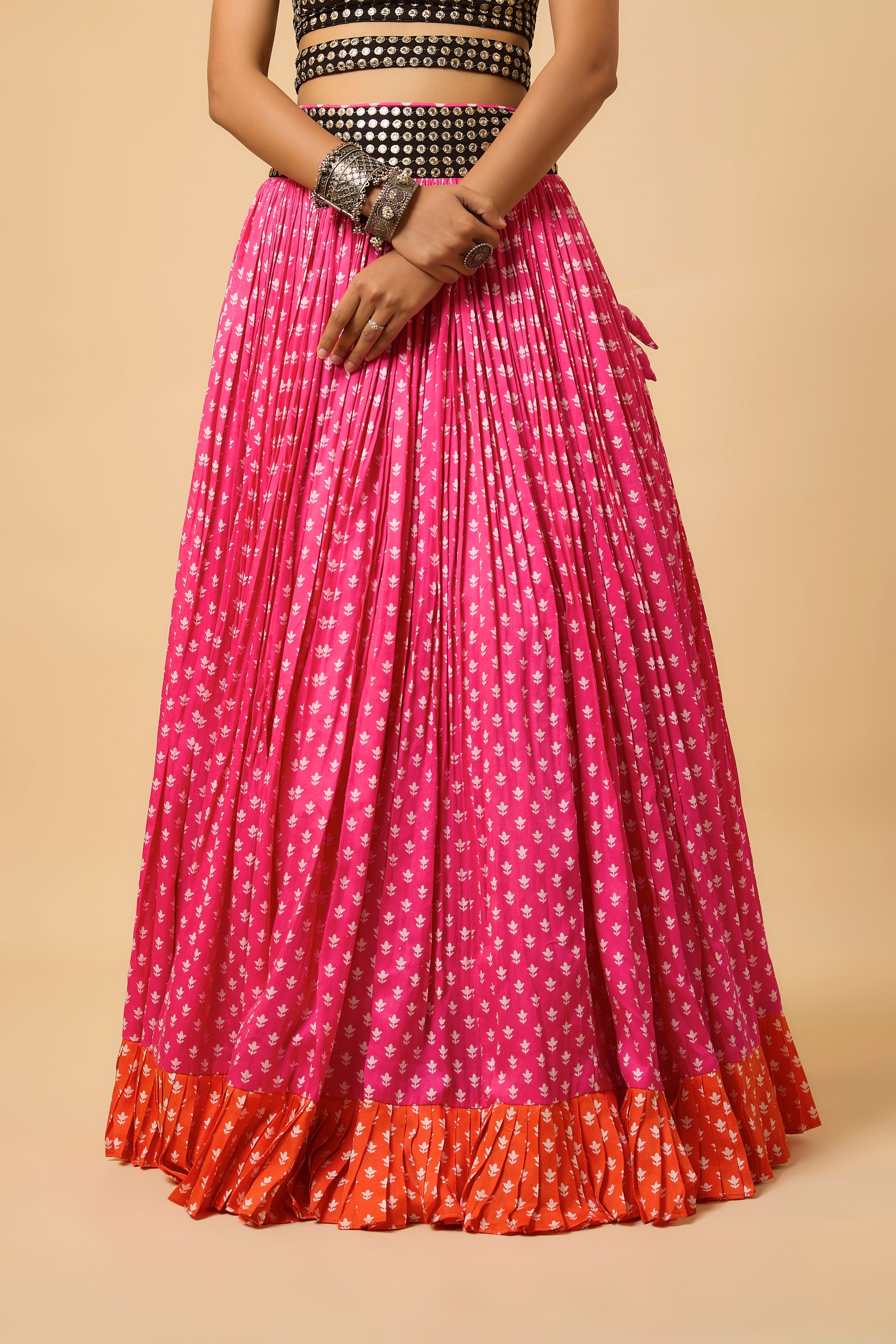 Rangeela -  Lahenga, Corset Blouse, Belt & Dupatta - Pink/ Black/Orange