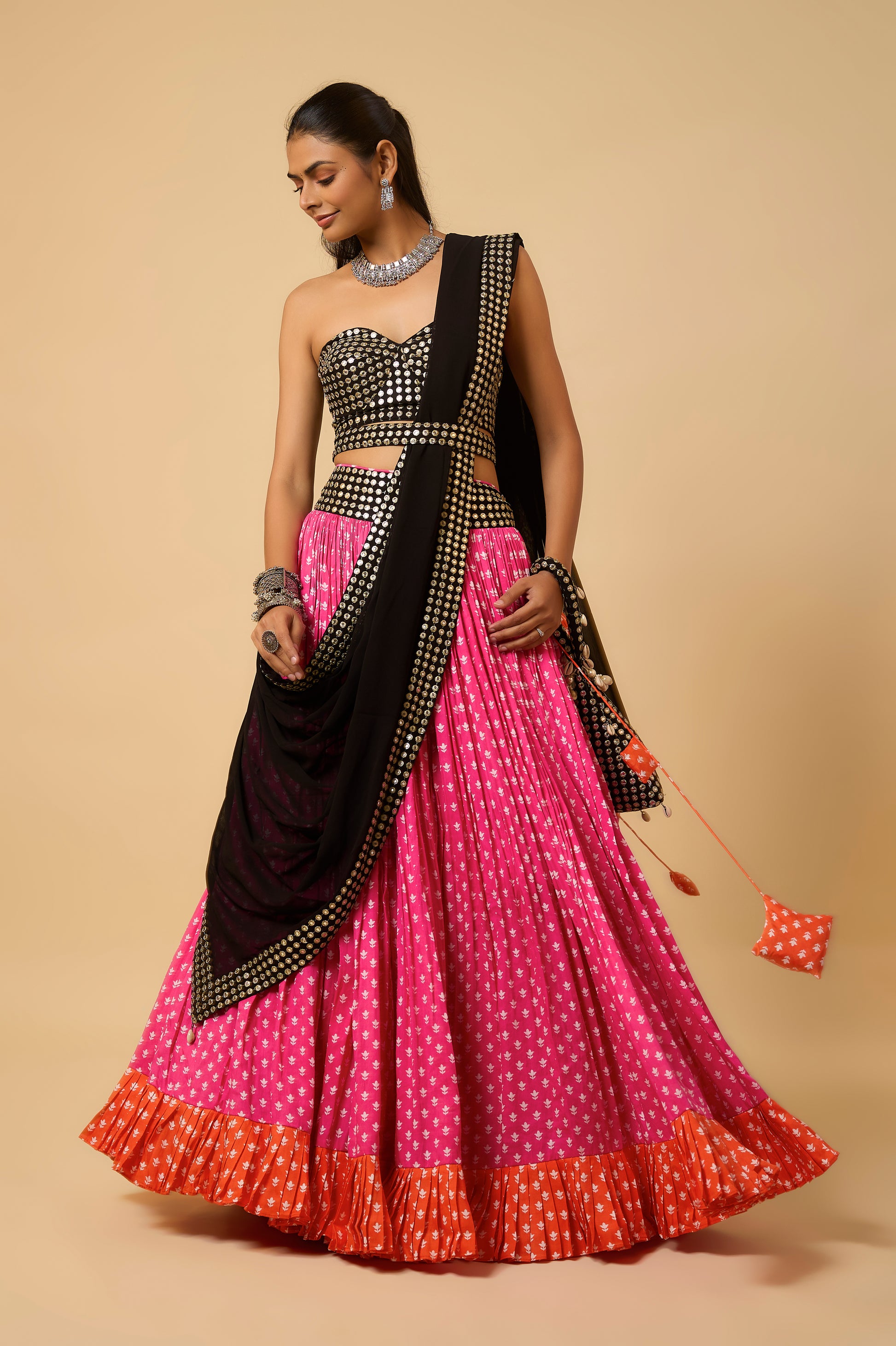 Rangeela -  Lahenga, Corset Blouse, Belt & Dupatta - Pink/ Black/Orange