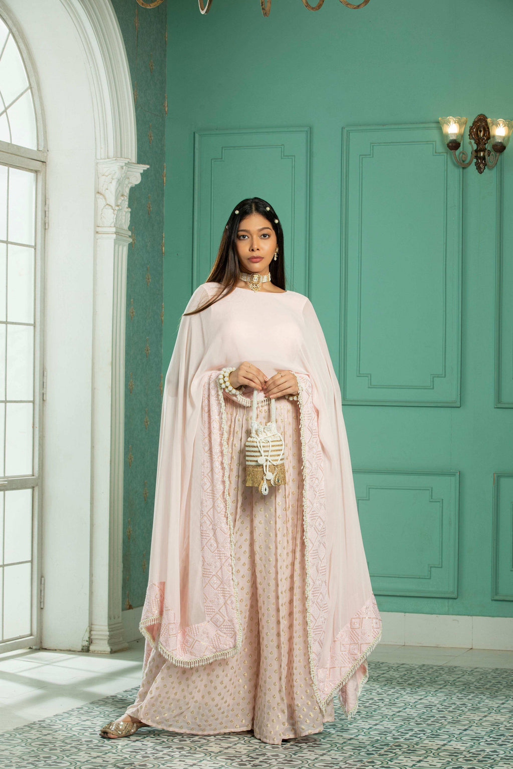 RUBY- Cape - Sharara Set -Rose Pink - Monk & Mei