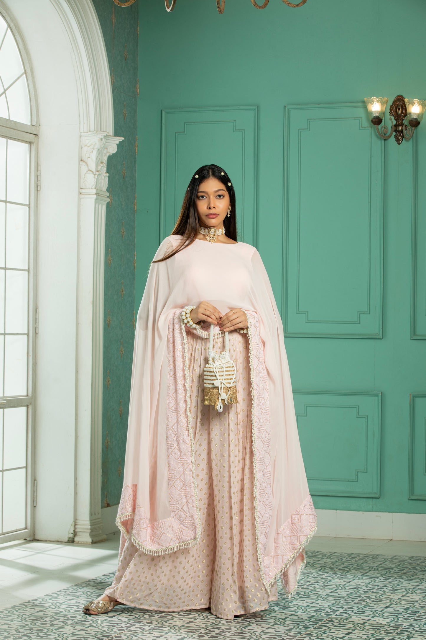 RUBY- Cape - Sharara Set -Rose Pink