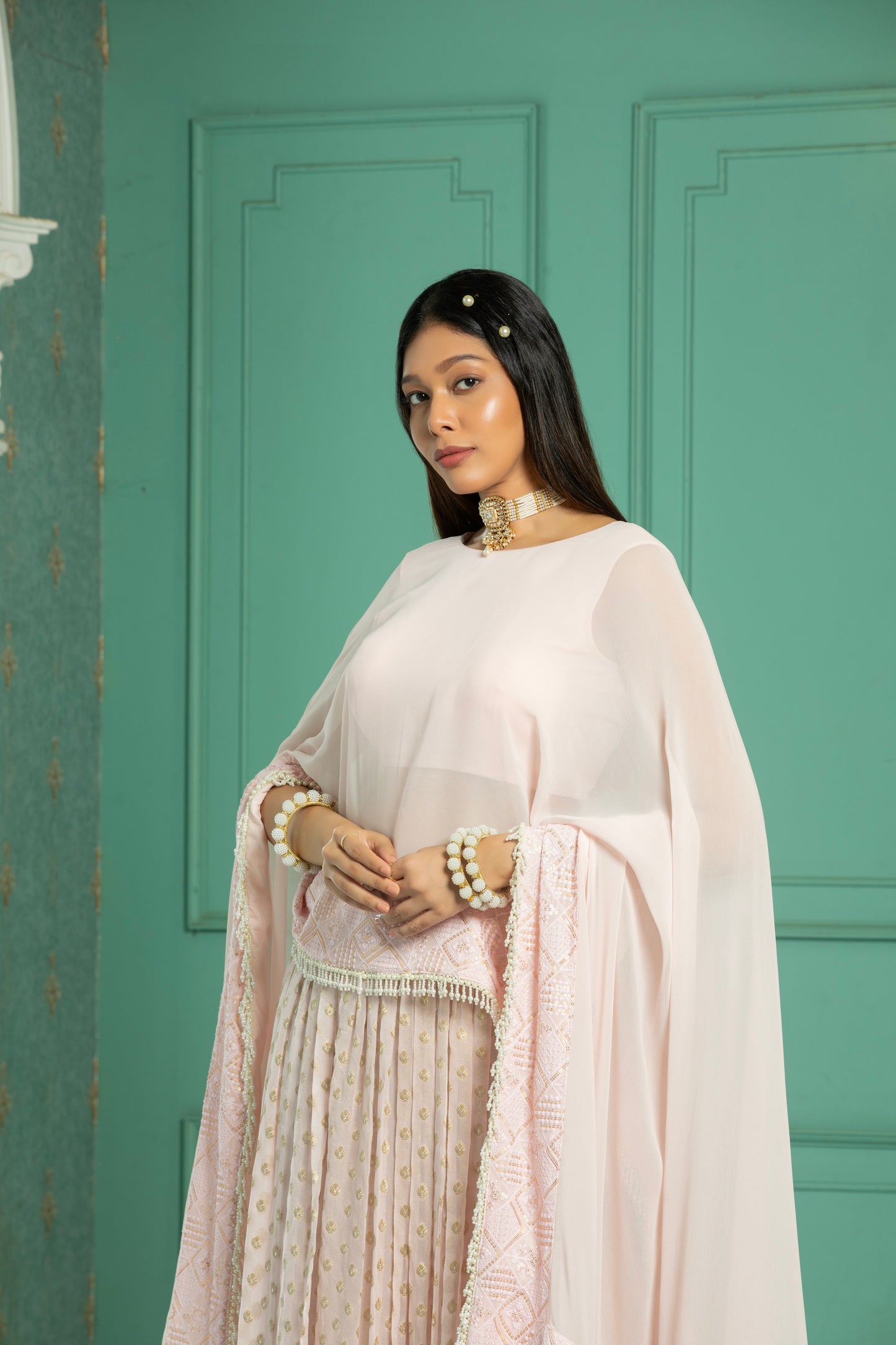 RUBY- Cape - Sharara Set -Rose Pink