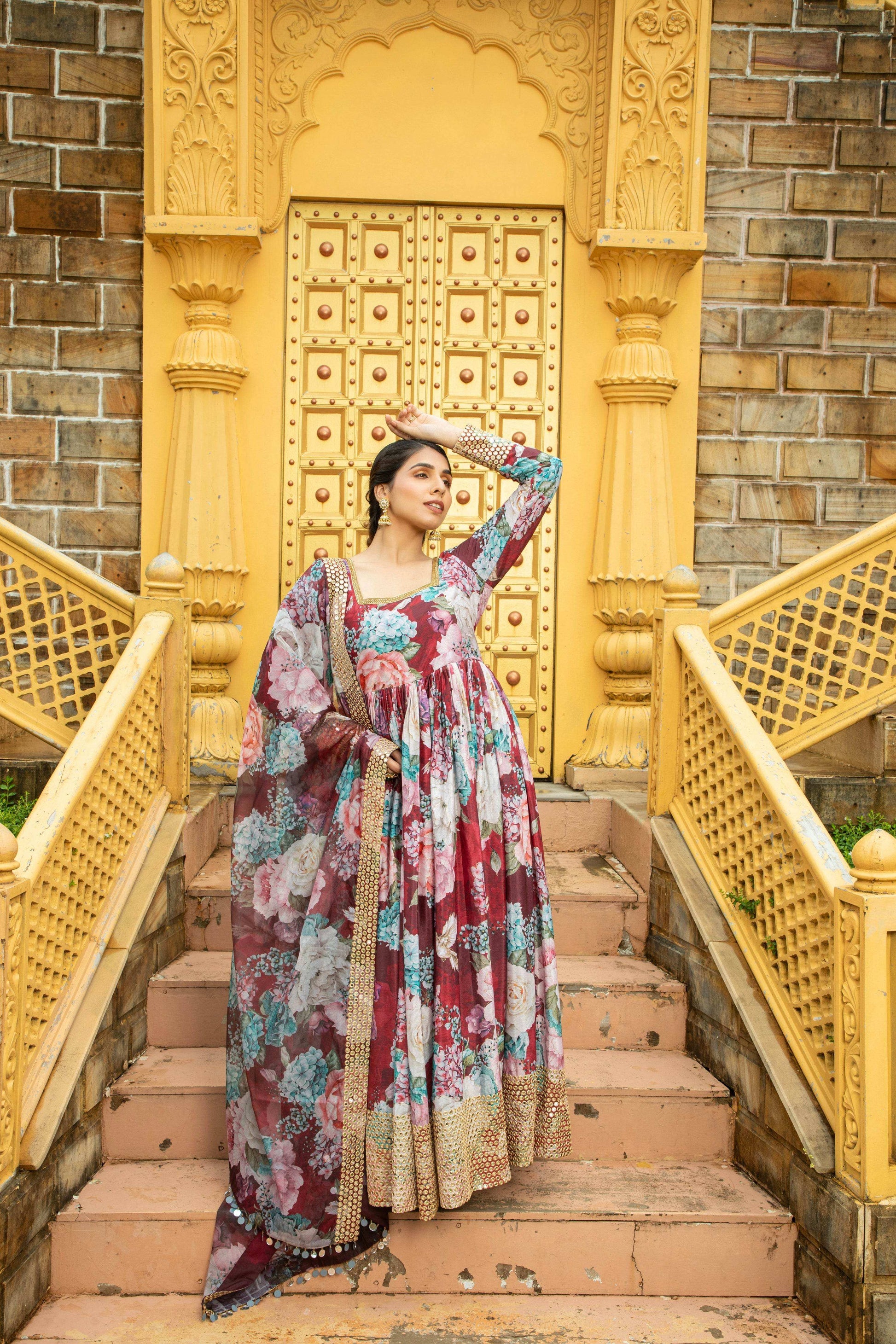 Amber - Anarkali Set Maroon - Monk & Mei