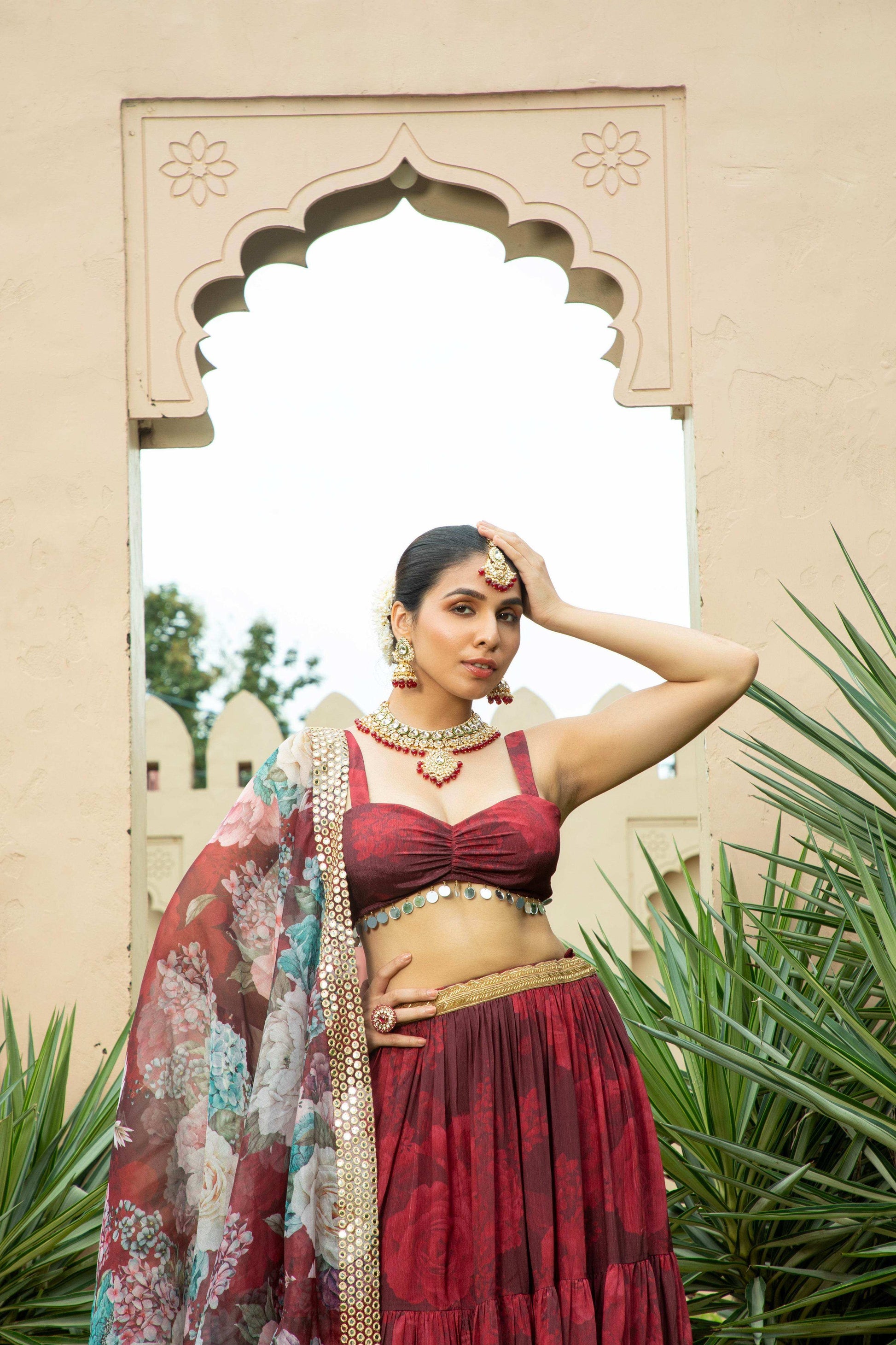 Aafia - Lehenga Set Maroon - Monk & Mei