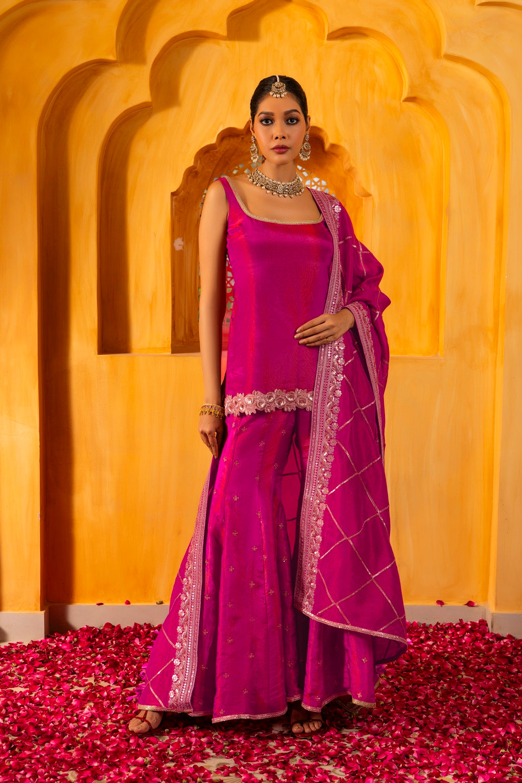 Mihira- Short Kurta, Sharara and Dupatta - Rani Pink